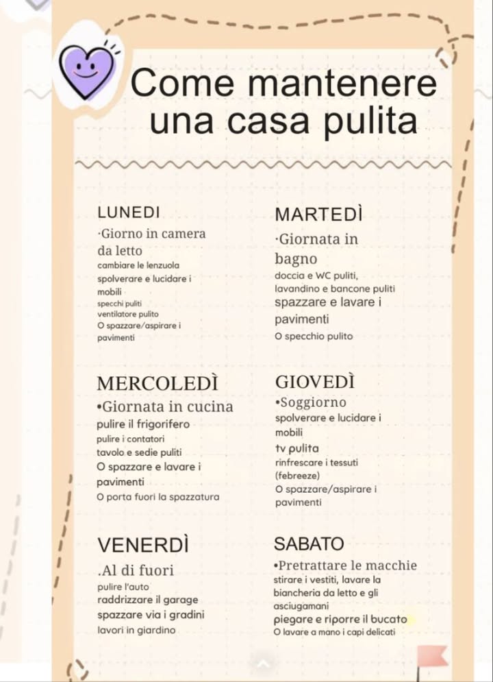 識 Come mantenere una casa pulita tutta la settimana 粒
Una routine semplice per vivere in un ambiente ordinato e rilassante!
 LUNEDÌ  Camera da letto
 Cambia le lenzuola
 Spolvera mobili e specchi
 Aspira o lava i pavimenti
 MARTEDÌ  Bagno
 Pulisci doccia, WC e lavandino
 Lava i pavimenti
 Lucida lo specchio
 MERCOLEDÌ  Cucina
 Pulisci frigo, contatori e tavolo
 Lava pavimenti
 Porta fuori la spazzatura
 GIOVEDÌ  Soggiorno
 Spolvera mobili e TV
 Rinfresca i tessuti
 Aspira o lava i pavimenti
 VENERDÌ  Esterni
 Pulisci lauto, il garage e i gradini
 Cura il giardino
 SABATO  Bucato e dettagli
 Pretratta le macchie
 Lava e piega il bucato
 Stiratura e ordine