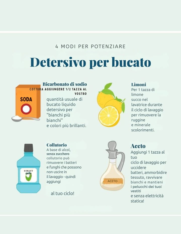 識 4 Modi Naturali per Potenziare il Detersivo per Bucato 識
Trasforma il tuo bucato con ingredienti semplici che trovi già in casa! Più pulito, più fresco, più ecologico 

 Bicarbonato di Sodio
 Aggiungi 1/2 tazza al detersivo liquido
 Rende i bianchi più bianchi
 Colori più brillanti
 Potenzia lefficacia del lavaggio

 Limoni
 Versa 1 tazza di succo di limone nel cestello durante il ciclo
 Elimina ruggine e macchie minerali
 Azione sbiancante naturale
 Profumo fresco e agrumato

林 Collutorio senza zucchero, a base di alcol
 Aggiungi al ciclo di lavaggio
 Uccide batteri e funghi
 Perfetto per capi sportivi, asciugamani e lenzuola
 Azione igienizzante profonda

 Aceto
 1 tazza nel lavaggio
 Ammorbidisce i tessuti naturalmente
 Rimuove odori e batteri
 Previene lelettricità statica
 Ravviva i bianchi e mantiene i tessuti come nuovi

 Salva questa guida e migliora il tuo bucato ogni giorno con rimedi semplici, economici ed efficaci!