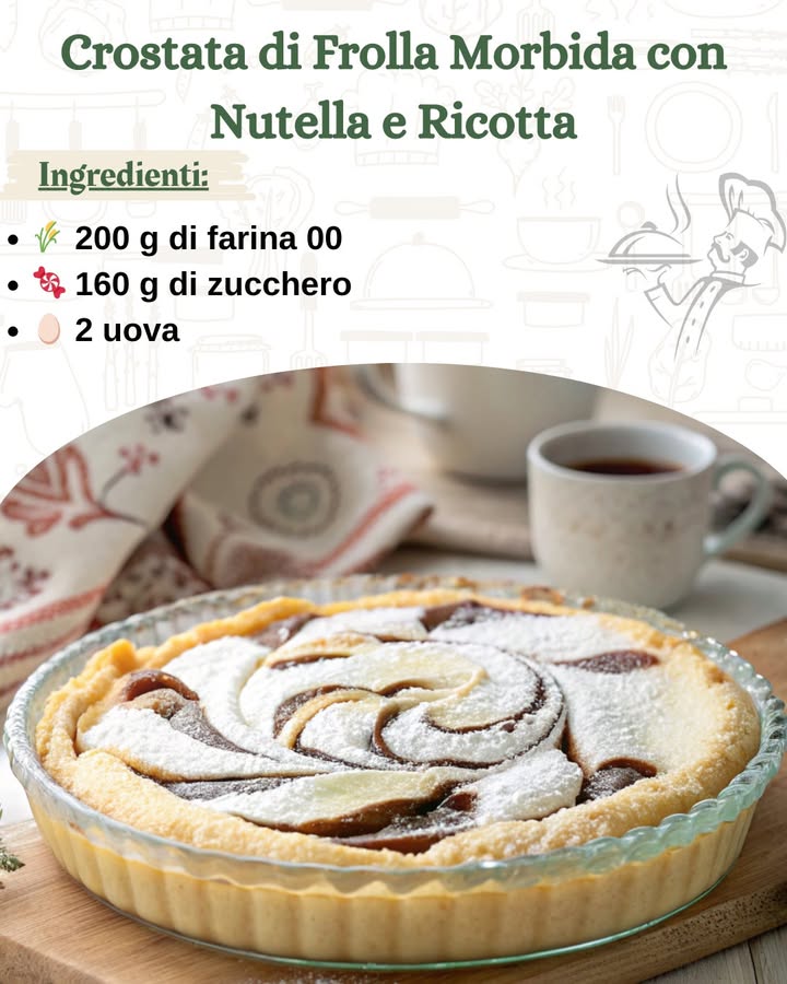 Crostata di Frolla Morbida con Nutella e Ricotta
Un dolce irresistibile che combina la cremosità della ricotta e la dolcezza della Nutella con una base morbida e profumata. Perfetta per ogni occasione, questa crostata saprà conquistare grandi e piccini.

Ingredienti

Per la base di frolla morbida:
 200 g di farina 00
 160 g di zucchero di cui 140 g per la base
讀 2 uova…..
.
.
.
……………………………………..ricetta nel primo c-o-m-m-e-n-t-o