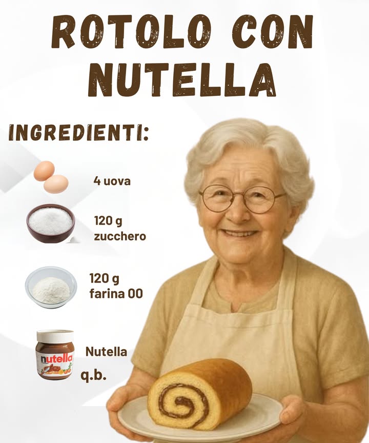 Rotolo con Nutella 

Un dolce soffice e goloso, perfetto per ogni momento della giornata!

Ingredienti:
4 uova 讀
120 g di zucchero 
120 g di farina 00 
1 cucchiaino di lievito per dolci 療
Nutella q.b. 

Preparazione:

1 Monta le uova con lo zucchero finché il composto diventa chiaro e spumoso.
2 Aggiungi la farina setacciata e il lievito, mescolando delicatamente dal basso verso lalto.
3 Versa limpasto su una teglia rivestita con carta forno e livella bene. Cuoci in forno preriscaldato a 180C per circa 10 minuti.
4 Sforna e copri subito con un canovaccio umido, poi arrotola delicatamente la base ancora calda.
5 Lascia raffreddare, srotola con cura e spalma la Nutella in modo uniforme.
6 Arrotola di nuovo, avvolgi nella pellicola e lascia riposare in frigo per 30 minuti.