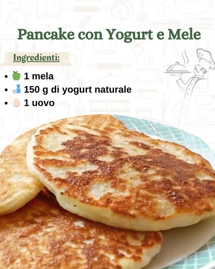 丹 Pancake con Yogurt e Mele: Un Dolce Risveglio 

 Ingredienti per circa 4 pancake:

 1 mela grattugiata
 150 g di yogurt naturale
讀 1 uovo
 100 g di farina può essere di grano o davena
 1 cucchiaino di lievito per dolci……….
.
.
.
……………………………………..ricetta nel primo  c-o-m-m-e-n-t-o