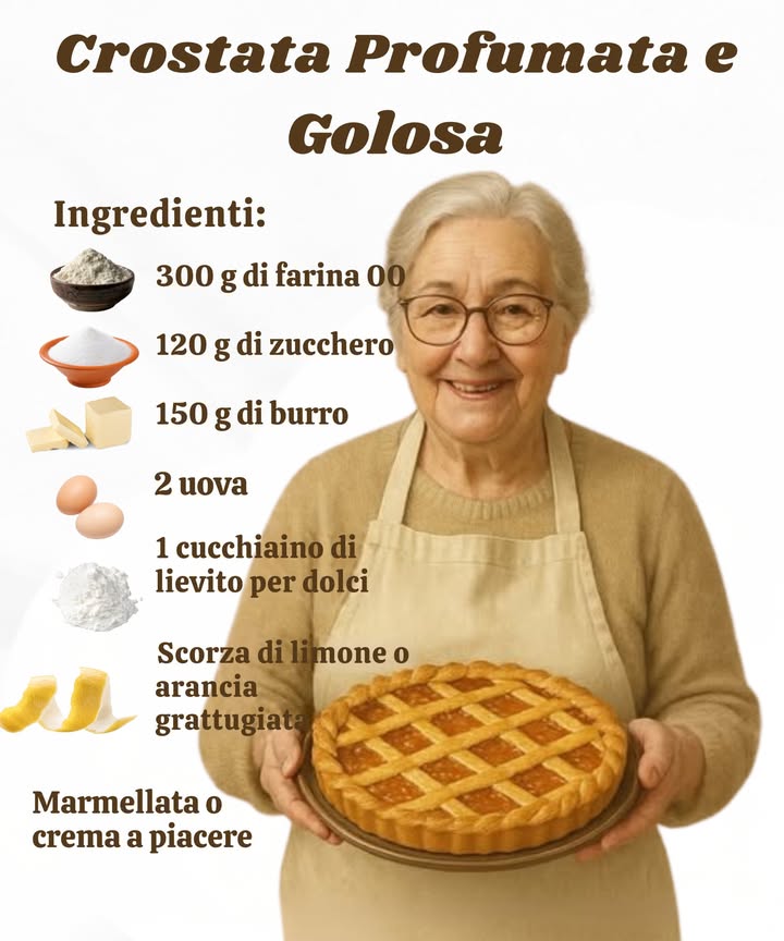 Crostata Profumata e Golosa 不

Ingredienti:

300 g di farina 00

120 g di zucchero

150 g di burro

2 uova

1 cucchiaino di lievito per dolci

Scorza grattugiata di limone o arancia

Marmellata o crema a piacere

Preparazione:
1 In una ciotola, lavora farina, zucchero, burro, uova, lievito e scorza fino a ottenere una frolla morbida e liscia.
2 Avvolgi limpasto nella pellicola e lascialo riposare in frigorifero per circa 30 minuti.
3 Stendi la frolla e rivesti una teglia per crostata.
4 Farcisci con la marmellata o la crema che preferisci, poi decora la superficie con strisce di pasta.
5 Cuoci in forno statico a 180C per 3035 minuti, finché la crostata sarà dorata e profumata.

 Lascia raffreddare, poi gusta la tua crostata fragrante e golosa!