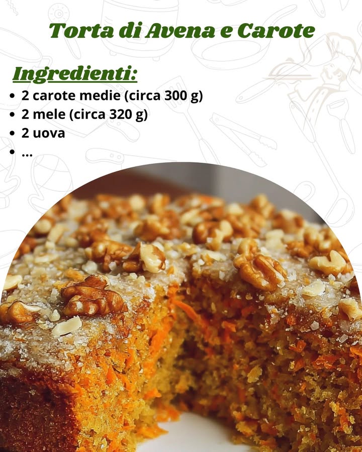 Torta di Avena e Carote: Dolce Sano e Senza Zucchero

Ingredienti per uno stampo da 22 cm

2 carote medie circa 300 g

2 mele circa 320 g

2 uova

180 g di fiocchi davena

50 g di frutta secca noci o mandorle, tritate

80 ml di latte anche vegetale

2 cucchiai di miele facoltativo, per una dolcezza extra

Scorza grattugiata di 1 limone

1 cucchiaino di lievito per dolci

1 pizzico di cannella e un pizzico di sale

Procedimento
Preparazione della Crema di Mele e Carote

Frullare le mele e le carote: Sbuccia le mele, tagliale a pezzetti e frullale insieme alle carote grattugiate fino a ottenere una crema omogenea. Questo passaggio è fondamentale per ottenere la base morbida della torta.

Preparazione dellimpasto

Montare le uova: In una ciotola, monta le uova con il miele se lo utilizzi fino a renderle spumose. Questo aiuterà a rendere limpasto più soffice.

Aggiungere la crema di mele e carote: Unisci la crema di mele e carote al composto di uova, mescolando bene fino a ottenere un impasto omogeneo.

Incorporare gli altri ingredienti: Aggiungi i fiocchi davena tritati grossolanamente, la frutta secca noci o mandorle, il latte, la scorza di limone, la cannella e un pizzico di sale. Mescola bene per amalgamare tutti gli ingredienti.

Unire il lievito: Setaccia il lievito per dolci e incorporalo delicatamente nellimpasto.

Cottura

Preparare la tortiera: Rivesti uno stampo da 22 cm con carta forno e versa limpasto al suo interno.

Cuocere in forno: Cuoci la torta in forno statico preriscaldato a 180C per circa 40 minuti. Per verificare la cottura, fai la prova stecchino: se esce asciutto, la torta è pronta.

Servire

Raffreddare e servire: Lascia raffreddare la torta prima di sformarla. Servila a temperatura ambiente, magari accompagnata da una tazza di tè o caffè per un momento di dolcezza sana.