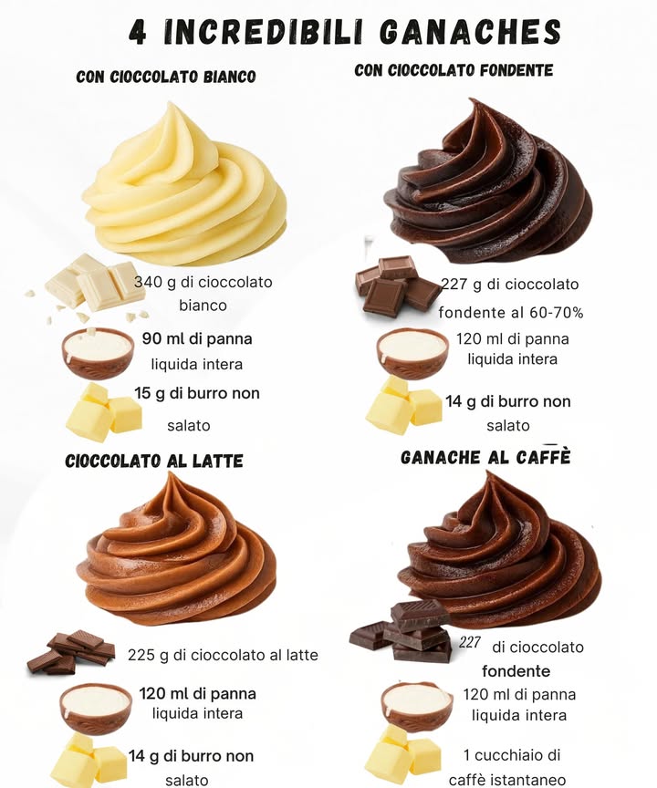 4 ganache facili e golose 
GANACHE AL CIOCCOLATO BIANCO
Ingredienti
Panna fresca liquida 拏
Cioccolato bianco tritato 
Burro morbido 杻
Preparazione
1 Scalda la panna in un pentolino fino a farla solo fremere, senza farla bollire.
2 Versa subito la panna calda sul cioccolato bianco in una ciotola resistente al calore e lascia riposare 2-3 minuti.
3 Mescola lentamente dal centro verso lesterno finché la crema diventa liscia e omogenea, poi aggiungi il burro e gira finché è lucida.
4 Usa a temperatura ambiente per una ganache fluida, oppure copri e metti in frigo 30-60 minuti fino alla consistenza giusta per farcire o usare con sac à poche.
GANACHE AL CIOCCOLATO AL LATTE
Ingredienti
Panna fresca liquida 拏
Cioccolato al latte tritato 
Burro morbido 杻
Preparazione
1 Porta la panna quasi a bollore, solo con piccoli fremiti sui bordi.
2 Versa la panna calda sul cioccolato al latte, copri leggermente e lascia riposare 2-3 minuti.
3 Mescola piano dal centro verso lesterno fino a ottenere una crema liscia e cremosa.
4 Incorpora il burro fino a quando la ganache diventa lucida.
5 Usa tiepida per glassare, oppure lascia raffreddare 30-60 minuti per una consistenza perfetta da pocher o per fare piccole truffe.
GANACHE AL CIOCCOLATO FONDENTE BRILLANTE
Ingredienti
Cioccolato fondente tritato 
Panna fresca liquida 拏
Burro morbido 杻
Preparazione
1 Metti il cioccolato fondente tritato in una ciotola resistente al calore.
2 Scalda la panna fino a vedere piccole bollicine sui bordi, senza farla bollire.
3 Versa la panna calda sul cioccolato, lascia riposare 2 minuti e poi mescola lentamente dal centro verso lesterno fino a quando è liscia e brillante.
4 Aggiungi il burro e gira finché è completamente sciolto e incorporato.
5 Usa subito per un effetto fluido a specchio, oppure lascia raffreddare 20-60 minuti per una crema più densa da spalmare o mettere in sac à poche.
GANACHE AL CAFFÈ MOCHA
Ingredienti
Panna fresca liquida 拏
Cioccolato latte o fondente a piacere 
Caffè istantaneo in polvere 
Preparazione
1 Scalda la panna con il caffè istantaneo mescolando finché si scioglie completamente, poi togli dal fuoco ai primi fremiti.
2 Versa la panna al caffè ben calda sul cioccolato in una ciotola resistente al calore e lascia riposare 2 minuti.
3 Mescola dolcemente dal centro verso lesterno fino a ottenere una crema liscia, lucida e omogenea.
4 Usa tiepida per glassare dolci e torte, oppure fai raffreddare 20-60 minuti anche in frigo per pochi minuti per una consistenza più sostenuta da spalmare o pocher.