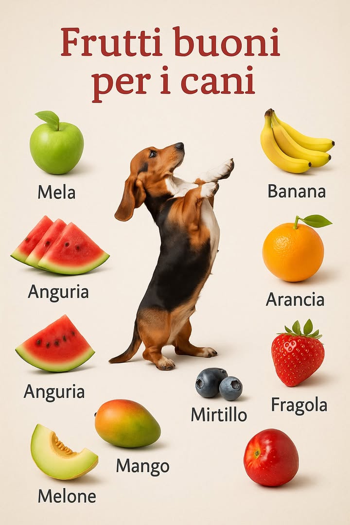 Frutta per i cani?
Sì, ma sempre con moderazione!
Offrire ogni tanto un frutto al tuo cane è un ottimo modo per variare la sua alimentazione e renderlo felice. Tuttavia, non tutta la frutta è adatta e bisogna prendere alcune precauzioni.

 Frutti consigliati in piccole quantità: fragole, melone, mele, banane, mango, mirtilli, arance, anguria…

 Da evitare in eccesso o ogni giorno: devono essere considerate come premietti, non come pasti completi!

 Buone pratiche:
 Lavare bene la frutta per eliminare pesticidi
 Tagliare a pezzetti per evitare il rischio di soffocamento
 Melone: senza buccia né semi
 Mela: togliere torsolo e semi  cianuro
 Banana: a rondelle
 Mango: senza nocciolo, tagliato a cubetti
 Mirtilli: ben lavati
 Arancia: senza semi né buccia
 Anguria: senza semi né buccia
 Prima assaggio: dare una piccola quantità per osservare eventuali reazioni

 Consiglio: La frutta congelata è unottima ricompensa rinfrescante in estate!

 Importante: La maggior parte dei frutti con nocciolo è tossica, tranne il mango.
 In caso di dubbio, chiedi sempre consiglio al veterinario.