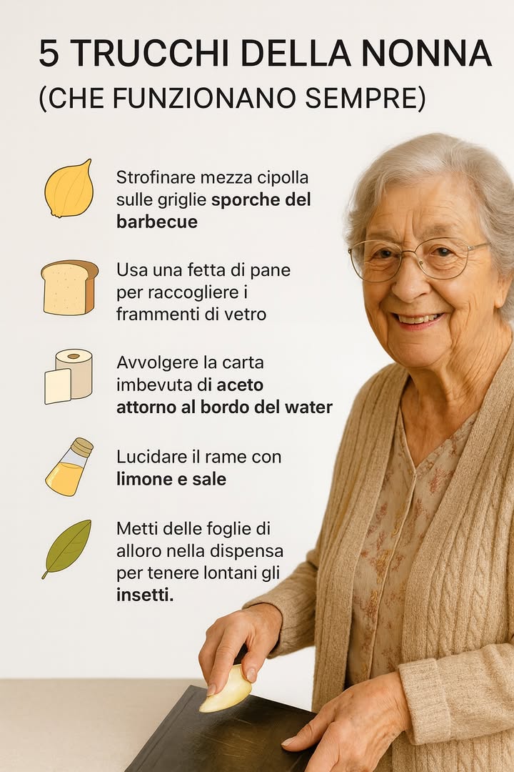 5 trucchi della nonna che funzionano sempre

1. Cipolla per pulire il barbecue

Dopo una grigliata, le griglie del barbecue sono spesso incrostate di grasso e sporco. Un metodo naturale e veloce è strofinare mezza cipolla calda sulla griglia. Lacidità della cipolla aiuta a sciogliere i residui, lasciando la superficie più pulita e pronta per luso successivo.

2. Pane per raccogliere i frammenti di vetro

Un bicchiere che si rompe può lasciare schegge invisibili e pericolose. Invece di rischiare con le mani, basta prendere una fetta di pane fresco e premerla delicatamente sulla superficie: il pane catturerà i frammenti più piccoli in totale sicurezza.

3. Aceto per igienizzare il water

Un altro trucco della nonna è avvolgere carta assorbente imbevuta di aceto attorno al bordo del water. Laceto, grazie alle sue proprietà disinfettanti e anticalcare, elimina sporco e cattivi odori senza bisogno di prodotti chimici aggressivi.

4. Limone e sale per lucidare il rame

Pentole, posate o piccoli oggetti in rame possono perdere lucentezza con il tempo. Un rimedio infallibile consiste nello strofinarli con mezzo limone cosparso di sale: in pochi minuti il rame tornerà a brillare come nuovo.

5. Alloro contro gli insetti in dispensa

Per tenere lontani gli insetti dal cibo, la soluzione più semplice è riporre qualche foglia di alloro nei contenitori o negli angoli della dispensa. Il loro odore agisce da repellente naturale, senza contaminare gli alimenti.
