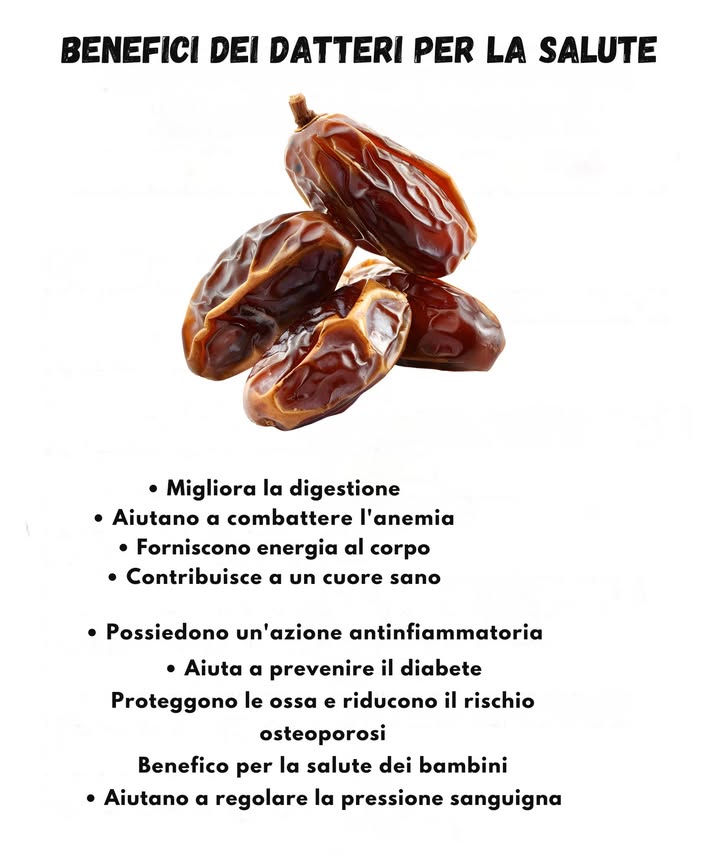 Benefici dei Datteri per il Benessere 

I datteri sono un alimento naturale ricco di nutrienti e possono sostenere il corpo in diversi modi. Grazie al loro contenuto di fibre, favoriscono una digestione più regolare e aiutano a mantenere un intestino in equilibrio. Il loro apporto di ferro può essere utile nei periodi in cui serve sostenere i livelli di questo minerale.

Essendo ricchi di carboidrati naturali, offrono energia facilmente disponibile e contribuiscono al buon funzionamento del cuore grazie alla presenza di potassio e antiossidanti. Possiedono composti con azione antinfiammatoria che possono supportare il benessere generale.

Un consumo equilibrato di datteri può rientrare in uno stile di vita che aiuta a mantenere stabile la glicemia. Minerali come calcio, fosforo e magnesio contribuiscono alla salute delle ossa e possono ridurre, nel tempo, il rischio di fragilità ossea. Sono un alimento adatto anche ai bambini, poiché forniscono energia e micronutrienti utili alla crescita.

Grazie ai sali minerali presenti, i datteri possono aiutare a sostenere lequilibrio della pressione sanguigna, risultando unaggiunta naturale e piacevole alla dieta quotidiana.