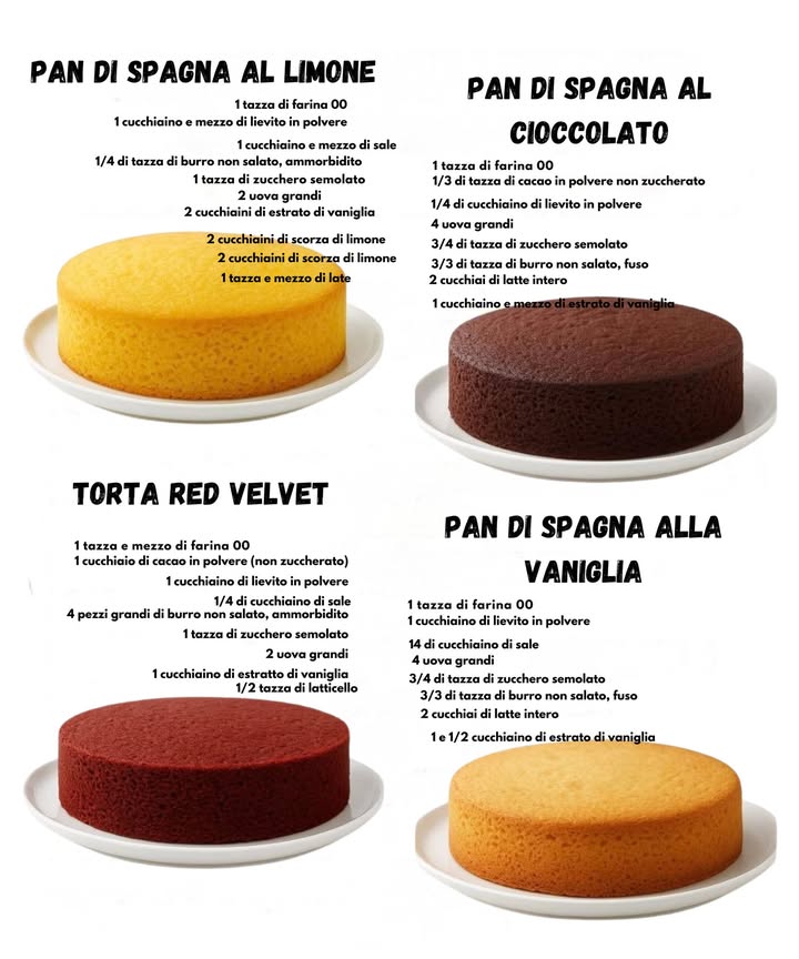 Pan di Spagna al Limone 

Ingredienti
1 tazza di farina 00 
1 cucchiaino e mezzo di lievito 
1 cucchiaino e mezzo di sale 蓼
1/4 di tazza di burro morbido 杻
1 tazza di zucchero semolato 
2 uova grandi 讀
2 cucchiaini di estratto di vaniglia 
2 cucchiaini di scorza di limone 
1 tazza e mezzo di latte 拏

Preparazione
1 Lavora burro e zucchero fino a ottenere una crema soffice.
2 Unisci le uova una alla volta e aggiungi la vaniglia.
3 Incorpora farina, lievito e sale alternando con il latte.
4 Aggiungi la scorza di limone e mescola delicatamente.
5 Versa in uno stampo imburrato e cuoci a 180C finché risulta dorato e leggero.

 Pan di Spagna al Cioccolato 

Ingredienti
1 tazza di farina 00 
1/3 tazza di cacao amaro 
1/4 cucchiaino di lievito 
4 uova grandi 讀
3/4 tazza di zucchero 
1/3 tazza di burro fuso 杻
2 cucchiai di latte 拏
1 cucchiaino e mezzo di vaniglia 

Preparazione
1 Monta le uova con lo zucchero fino a ottenere un composto chiaro e gonfio.
2 Aggiungi la vaniglia e il burro fuso, mescolando con delicatezza.
3 Incorpora farina, cacao e lievito setacciati.
4 Versa il latte per rendere limpasto più morbido.
5 Trasferisci nello stampo e cuoci a 180C fino a ottenere un pan di Spagna soffice e profumato.

 Torta Red Velvet 

Ingredienti
1 tazza e mezzo di farina 00 
1 cucchiaio di cacao amaro 
1 cucchiaino di lievito 
1/4 cucchiaino di sale 蓼
4 pezzi di burro morbido 杻
1 tazza di zucchero 
2 uova grandi 讀
1 cucchiaino di vaniglia 
1/2 tazza di latticello 拏

Preparazione
1 Lavora burro e zucchero fino a ottenere una crema liscia.
2 Unisci le uova una alla volta e aggiungi la vaniglia.
3 Setaccia farina, cacao, lievito e sale e aggiungili poco alla volta.
4 Versa il latticello per ottenere un impasto vellutato.
5 Cuoci a 180C fino a quando la torta risulta morbida e leggermente umida.

 Pan di Spagna alla Vaniglia 

Ingredienti
1 tazza di farina 00 
1 cucchiaino di lievito 
1/4 cucchiaino di sale 蓼
4 uova grandi 讀
3/4 tazza di zucchero 
1/3 tazza di burro fuso 杻
2 cucchiai di latte 拏
1 cucchiaio e mezzo di estratto di vaniglia 

Preparazione
1 Monta le uova con lo zucchero fino a ottenere un composto molto gonfio.
2 Aggiungi il burro fuso e la vaniglia mescolando dal basso verso lalto.
3 Incorpora farina, lievito e sale setacciati.
4 Aggiungi il latte per rendere limpasto più morbido.
5 Versa nello stampo e cuoci a 180C fino a ottenere un pan di Spagna chiaro e delicato.