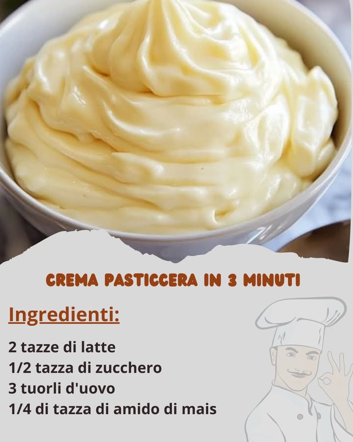 Crema pasticcera in 3 minuti 

Ingredienti:
2 tazze di latte

1/2 tazza di zucchero

3 tuorli duovo……………..