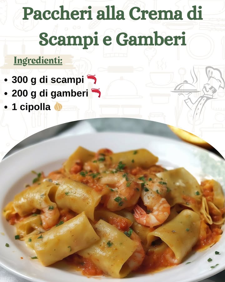 戀 Paccheri alla Crema di Scampi e Gamberi 

 Ingredienti per 4 persone

 Per la pasta

320 g di paccheri 
Sale q.b. 蓼
戀 Per il condimento

300 g di scampi 戀
200 g di gamberi 戀
1 cipolla 暈
1 spicchio daglio 龍
200 ml di panna fresca 拏
100 ml di passata di pomodoro 
2 cucchiai di olio extravergine doliva 㮝
1 cucchiaino di concentrato di pomodoro 
Prezzemolo fresco tritato 
Pepe nero q.b. 

 Preparazione passo dopo passo:

1 Pulire i crostacei
Sciacqua bene scampi e gamberi sotto acqua corrente. Sguscia i gamberi, rimuovendo il carapace e il filo intestinale, e tieni da parte le teste per il fumetto.

2 Preparare il fumetto di crostacei
In una pentola, scalda un filo dolio con laglio schiacciato e la cipolla tritata. Aggiungi le teste e i carapaci dei crostacei e lascia rosolare per qualche minuto. Sfuma con vino bianco se usato, aggiungi un po dacqua e lascia cuocere per 15-20 minuti. Filtra il liquido e tienilo da parte.

3 Preparare la crema di scampi e gamberi
In una padella ampia, scalda lolio doliva e fai rosolare delicatamente la cipolla tritata. Aggiungi gli scampi e i gamberi sgusciati, cuocendoli per pochi minuti fino a quando diventano rosa.

Aggiungi la passata di pomodoro, il concentrato di pomodoro e un mestolo del fumetto preparato. Lascia cuocere a fuoco medio per circa 10 minuti.

Trasferisci metà del condimento in un mixer e frulla fino a ottenere una crema vellutata. Versa la crema nella padella con il resto degli scampi e aggiungi la panna fresca, mescolando bene.

4 Cuocere i paccheri
Porta a ebollizione una pentola con abbondante acqua salata e cuoci i paccheri fino a quando saranno al dente. Scolali e trasferiscili direttamente nella padella con la crema di scampi e gamberi.

5 Mantecare e servire
Mescola bene la pasta nel sugo, lasciandola insaporire per un paio di minuti. Aggiusta di pepe e aggiungi prezzemolo fresco tritato.

Servi i paccheri ben caldi, magari con una spolverata di scorza di limone grattugiata per un tocco di freschezza.

 Consigli e Varianti

 Se vuoi un sapore più deciso, puoi aggiungere un pizzico di peperoncino 
 Per una versione più leggera, puoi sostituire la panna con latte evaporato o yogurt greco 拏
 Se vuoi un effetto più scenografico, guarnisci il piatto con uno scampo intero per ogni porzione 戀

 Tempo totale: 40 minuti
 Porzioni: 4

Buon appetito! 戀