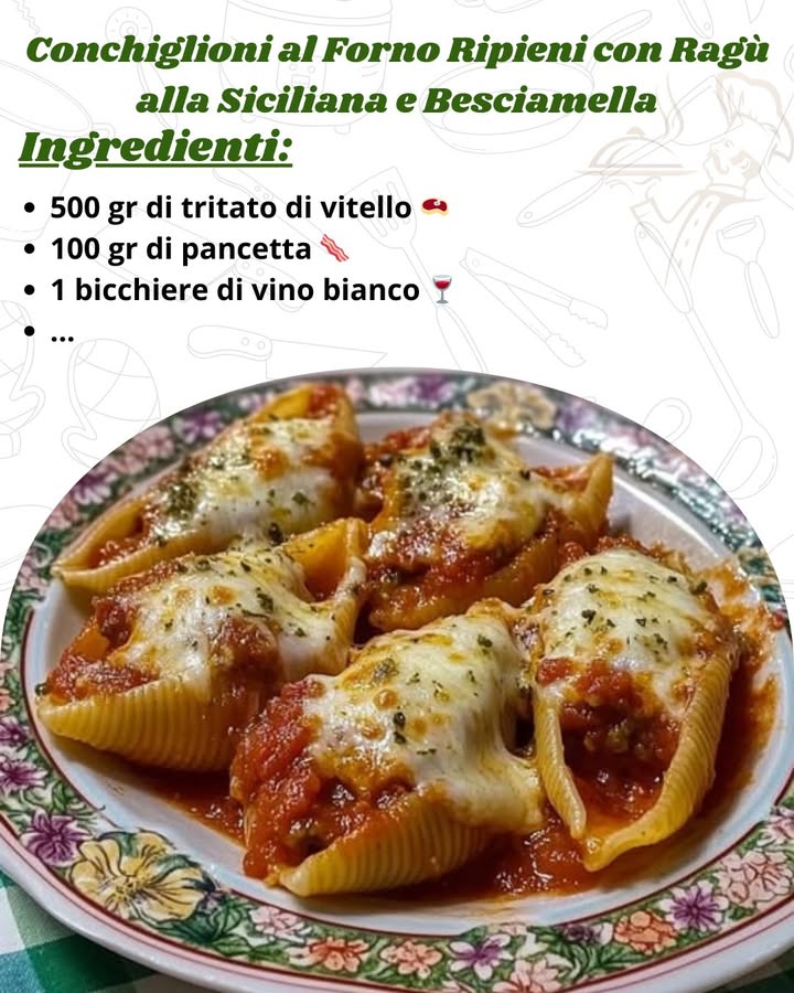 Conchiglioni al Forno Ripieni con Ragù alla Siciliana e Besciamella: Un Piacere per il Palato 

Ingredienti 
Per il ragù alla siciliana:

500 gr di tritato di vitello 數

100 gr di pancetta facoltativa, può essere sostituita con 250 gr di tritato di maiale 肋

1 bicchiere di vino bianco …………RICETTA
