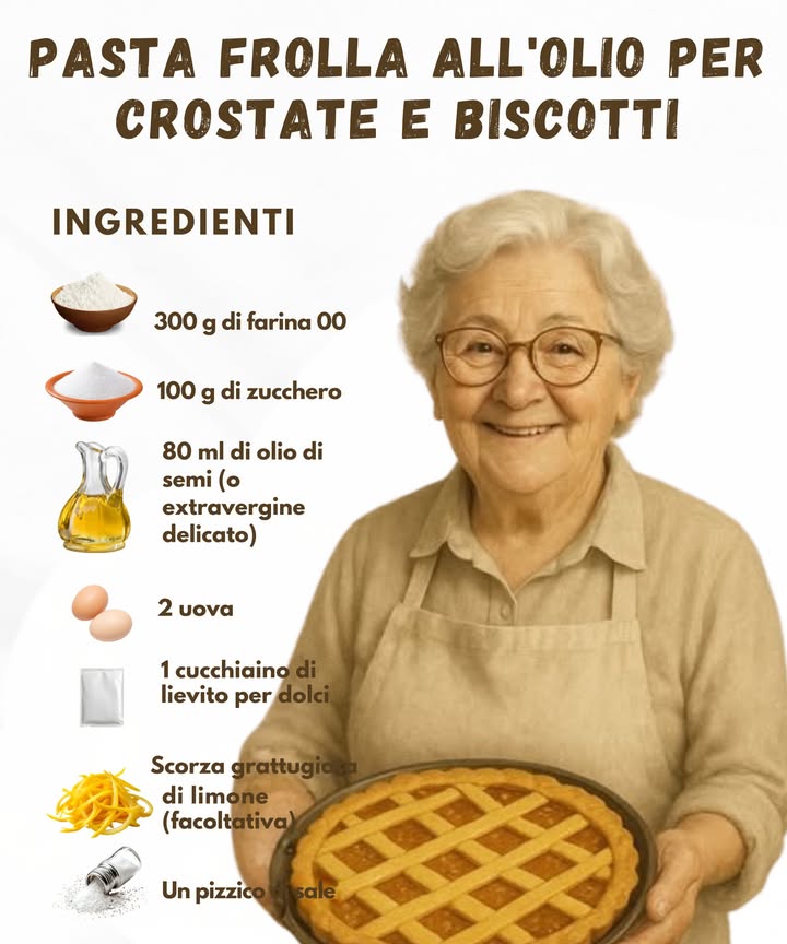 Pasta Frolla allOlio per Crostate e Biscotti 
Ingredienti

300 g di farina 00 

100 g di zucchero 

80 ml di olio di semi o extravergine delicato 㮝

2 uova 讀

1 cucchiaino di lievito per dolci 

Scorza grattugiata di limone facoltativa 

Un pizzico di sale 蓼

Preparazione
1 Sbattere le uova con lo zucchero fino a ottenere un composto chiaro e uniforme.
2 Aggiungere lolio e mescolare fino a integrarlo completamente.
3 Unire farina, lievito, sale e scorza di limone, lavorando limpasto con movimenti morbidi.
4 Impastare fino a formare un panetto omogeneo e liscio.
5 Avvolgere il panetto nella pellicola e farlo riposare in frigorifero per 30 minuti.
6 Stendere la frolla e utilizzarla per crostate o biscotti. Cuocere a 180C per 2025 minuti.
Una frolla semplice, elastica e profumata, perfetta per ogni dolce fatto in casa. Buon appetito