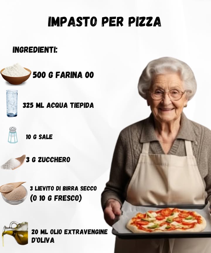 Impasto per Pizza Soffice e Fragrante 

Ingredienti
 Farina 00 500 g 北
 Acqua tiepida 325 ml 
 Sale 10 g 蓼
 Zucchero 3 g 
 Lievito di birra secco 3 g oppure fresco 10 g 
 Olio extravergine doliva 20 ml 㮝

Preparazione

1 Sciogli il lievito e lo zucchero nellacqua tiepida.

2 Aggiungi la farina poco per volta e inizia a impastare.

3 Unisci il sale e lolio, lavorando fino a ottenere un panetto morbido e liscio.

4 Copri la ciotola e lascia lievitare per 2-3 ore, fino al raddoppio.

5 Stendi limpasto, condisci a piacere e cuoci in forno a 220C per 12-15 minuti.

Un impasto semplice e genuino per una pizza fatta in casa che conquista sempre! 燎