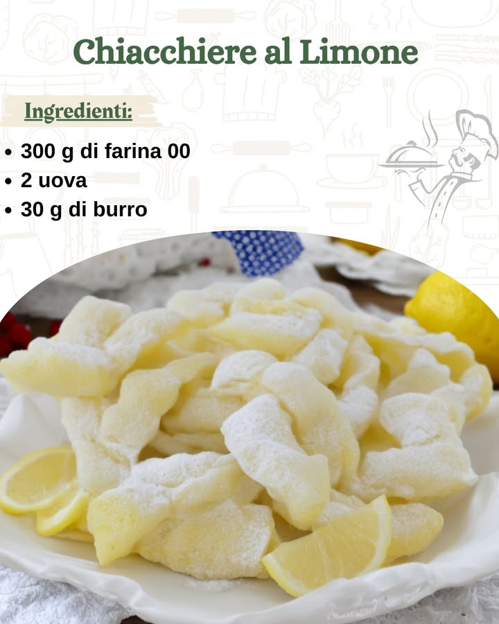 Chiacchiere al Limone 

Ingredienti 籠:

300 g di farina 00
2 uova di media grandezza
30 g di burro
1 limone succo e scorza
100 g di zucchero semolato
Olio di semi di arachide per friggere
Zucchero a velo per decorare

Preparazione:

Preparazione dellimpasto
Inizia mettendo la farina in una ciotola capiente e aggiungendo lo zucchero e un pizzico di sale. Mescola bene gli ingredienti secchi. Aggiungi le uova, il burro ammorbidito, il succo e la scorza del limone. Impasta il tutto fino a ottenere un composto liscio e omogeneo. Se limpasto risulta troppo morbido, aggiungi un po di farina per ottenere la giusta consistenza. La scorza di limone renderà limpasto profumatissimo, dando un tocco fresco e aromatico!

Riposo dellimpasto
Una volta pronto, copri limpasto con un panno pulito e lascialo riposare per circa 30 minuti. Questo passaggio è fondamentale per rendere la pasta più elastica e facile da stendere, oltre a migliorarne la consistenza.

Stendere limpasto
Dopo il riposo, spolvera una superficie con un po di farina e stendi limpasto con un mattarello fino a ottenere una sfoglia sottilissima, di circa 2 mm di spessore. Usa una rotella o un coltello per tagliare delle strisce larghe circa 5 cm e della lunghezza che preferisci. Puoi scegliere chiacchiere più lunghe o più corte, a seconda dei tuoi gusti!

Friggere le chiacchiere
In una padella profonda, scalda abbondante olio di semi di arachide. Quando lolio è caldo, friggi le chiacchiere poche per volta, facendo attenzione a non sovraffollare la padella. Friggi ogni chiacchiera per circa 2-3 minuti per lato, finché non si gonfiano e diventano dorate e croccanti. Scolale su carta assorbente per eliminare lolio in eccesso.

Decorare e servire
Una volta raffreddate, spolvera le chiacchiere con zucchero a velo. Il risultato sarà un dolce croccante, profumato al limone, che si scioglie in bocca come una nuvola!

Servi le chiacchiere al limone per un momento goloso, che sia durante il Carnevale o in qualsiasi altra occasione speciale. La loro fragranza inebriante ti farà venire voglia di mangiarne una… o forse due!
Buon appetito!