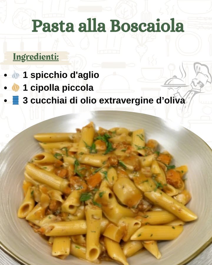 Pasta alla Boscaiola: Un Viaggio nei Sapori del Bosco 

La pasta alla boscaiola è un piatto ricco e avvolgente, un classico della cucina italiana. Il suo nome deriva dalluso di ingredienti che richiamano i sapori del bosco, come i funghi, che sono i veri protagonisti. Arricchita con pancetta croccante e avvolta in una salsa cremosa a base di panna o pomodoro, è perfetta per le giornate più fresche o per un pranzo in famiglia che sa di tradizione.

 Ingredienti per 4 persone
 320 g di pasta penne, rigatoni o tagliatelle
 250 g di funghi champignon o porcini freschi
龍 1 spicchio daglio
暈 1 cipolla piccola
 3 cucchiai di olio extravergine doliva….
.
.
.
……………………………………..ricetta nel primo  c-o-m-m-e-n-t-o
