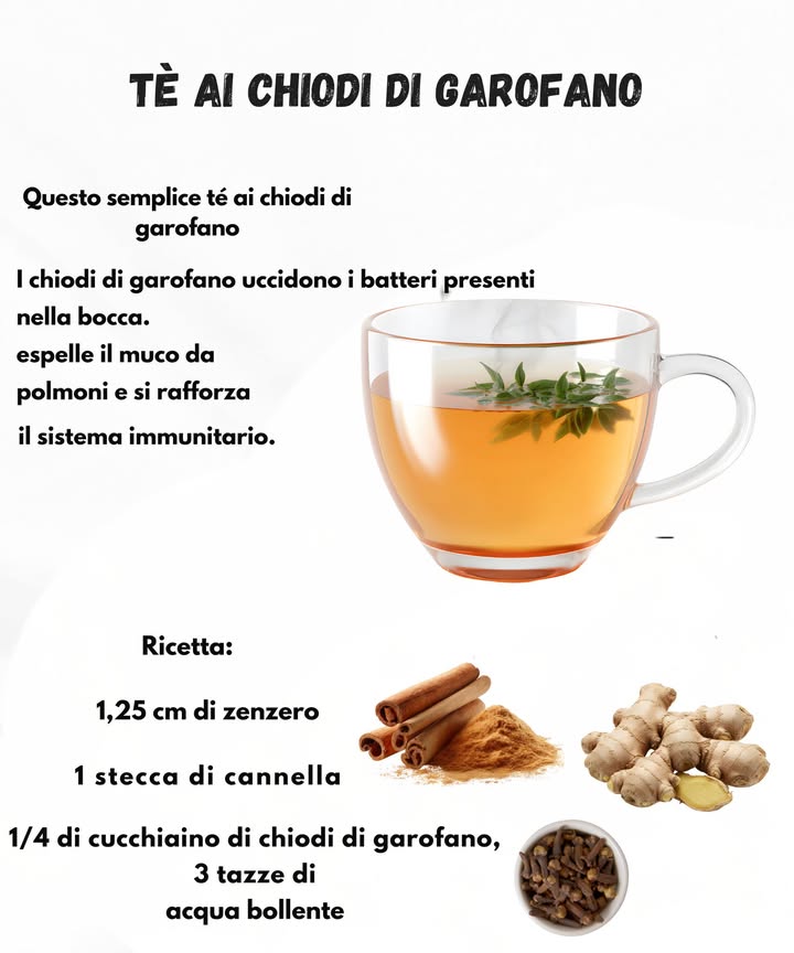 Tè ai chiodi di garofano: una tisana che scalda la stagione 
Il chiodo di garofano, insieme allo zenzero e alla cannella, è apprezzato da tempo per le sue proprietà calmanti e riscaldanti. Questa semplice infusione può aiutare a:
 Dare sollievo alla gola
 Liberare le vie respiratorie
 Offrire una piacevole sensazione di benessere
 Sostenere lorganismo in modo naturale
Ricetta:
 1,25 cm di zenzero fresco
 1 stecca di cannella
 1/4 di cucchiaino di chiodi di garofano
 3 tazze di acqua bollente
Lascia in infusione per alcuni minuti, filtra e gusta ben calda.
Ideale nelle giornate fresche o quando serve un sostegno naturale e delicato.