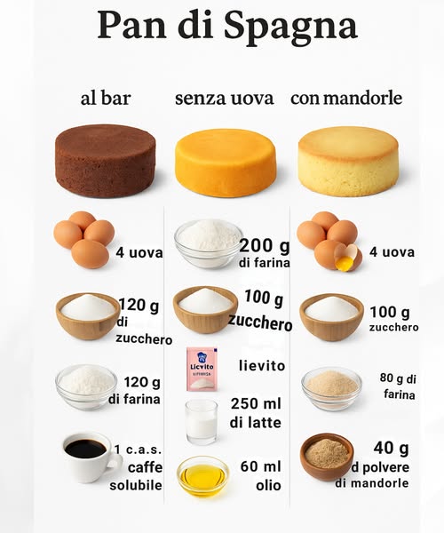 Tre Varianti di Pan di Spagna per ogni occasione! 

1 Pan di Spagna Classico da Bar 

Soffice e leggero, perfetto come base per torte e dolci al caffè.
Ingredienti:

4 uova 讀

120 g zucchero

120 g farina

1 cucchiaio caffè solubile 

2 Pan di Spagna Senza Uova 

Ideale per chi è intollerante o cerca una versione più leggera.
Ingredienti:

200 g farina

100 g zucchero

1 bustina lievito per dolci

250 ml latte 拏

60 ml olio di semi

3 Pan di Spagna alle Mandorle 

Delicatamente profumato, perfetto per torte eleganti o dessert raffinati.
Ingredienti:

4 uova

100 g zucchero

80 g farina

40 g polvere di mandorle