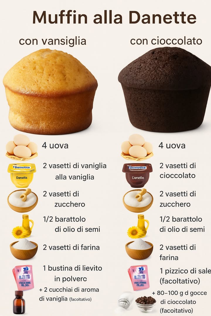 療 Muffin alla Danette: morbidi e golosi 

Per i muffin al cioccolato, preriscalda il forno a 180 C e prepara lo stampo con i pirottini. In una ciotola capiente, mescola le uova con due vasetti di Danette al cioccolato fino a ottenere una crema liscia. Aggiungi lo zucchero, poi lolio e un pizzico di sale. Incorpora la farina setacciata con il lievito in due tempi, mescolando con delicatezza. Versa limpasto fino a tre quarti negli stampi e cuoci per circa 2530 minuti. Lascia raffreddare su una griglia prima di gustare.

Per la versione alla vaniglia, unisci quattro uova con due vasetti di Danette alla vaniglia e lavora fino a ottenere una consistenza omogenea. Aggiungi zucchero, olio e aroma di vaniglia, poi integra la farina con il lievito poco alla volta. Riemp i pirottini ai tre quarti e inforna alla stessa temperatura e tempo di cottura.

Per renderli ancora più golosi, puoi inserire un quadratino di cioccolato al centro di ogni muffin prima della cottura o aggiungere gocce di cioccolato nellimpasto. Si conservano per due o tre giorni sotto campana oppure in freezer fino a due mesi.