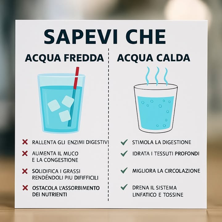 Sapevi che la temperatura dellacqua che bevi può influire sulla tua salute? 
Molto spesso ci concentriamo su quanta acqua bere ogni giorno, dimenticando un aspetto altrettanto importante: la temperatura. Lacqua è essenziale per mantenere idratato lorganismo, sostenere la digestione e favorire il corretto funzionamento di ogni cellula. Ma sapevi che bere acqua calda o fredda può portare a effetti molto diversi?

In molte culture, soprattutto quelle orientali, lacqua calda viene consumata regolarmente proprio per i suoi effetti benefici. Al contrario, la nostra abitudine occidentale di bere acqua molto fredda, magari con ghiaccio, può creare qualche disagio allorganismo…
.
.
.
.
.
.
.
https://consiglibrillanti.com/sapevi-che-la-temperatura-dellacqua-che-bevi-puo-influire-sulla-tua-salute/