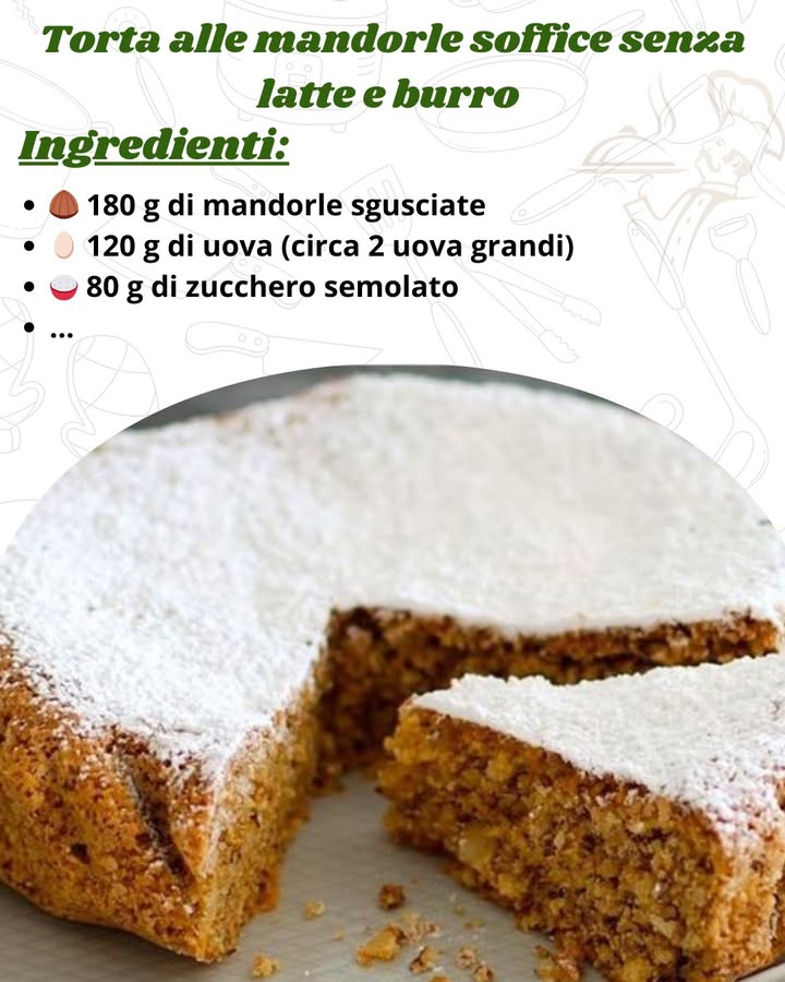 Torta alle mandorle soffice senza latte e burro  leggera, profumata e facilissima!

 Ingredienti stampo da 20 cm
 180 g di mandorle sgusciate non pelate o pelate, a piacere

讀 120 g di uova circa 2 uova grandi

 80 g di zucchero semolato………….RICETTA