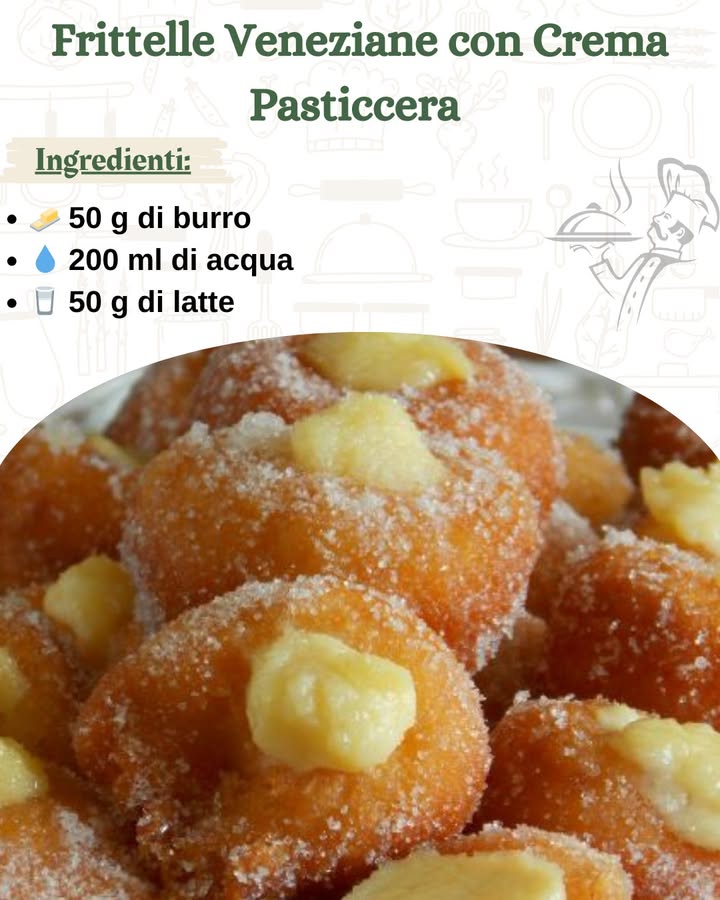 Frittelle Veneziane con Crema Pasticcera 

Ingredienti per limpasto:
杻 50 g di burro
 200 ml di acqua
拏 50 g di latte
蓼 Sale q.b.
 40 g di zucchero……..
.
.
.
………………………….ricetta nel primo commento