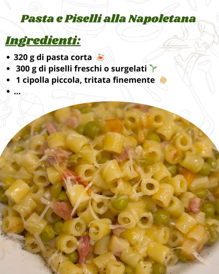 Pasta e Piselli alla Napoletana 

Ingredienti  per 4 persone
Per la pasta e il sugo:
320 g di pasta corta ditalini, penne o pasta mista 
300 g di piselli freschi o surgelati 
1 cipolla piccola, tritata finemente facoltativa 暈……………….RICETTA