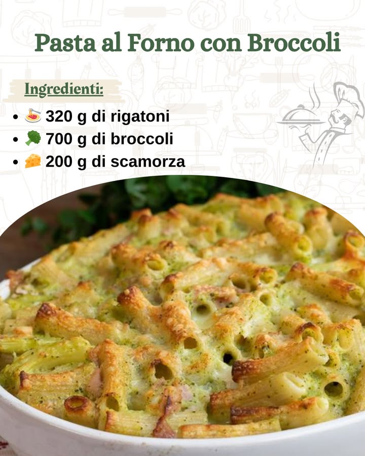 復 Pasta al Forno con Broccoli 燎

Ingredienti per 4 persone :
 320 g di rigatoni
復 700 g di broccoli circa 550 g già puliti
燎 200 g di scamorza o altro formaggio filante a scelta
燎 4 cucchiai di Parmigiano Reggiano DOP grattugiato
㮝 4 cucchiai di olio extravergine doliva
蓼 Sale fino q.b.
 Pepe nero q.b.

Preparazione 
1 Prepara i broccoli

Lava accuratamente i broccoli e separa le cimette.
Porta a bollore una pentola con acqua leggermente salata e cuoci i broccoli per 5-6 minuti, finché saranno morbidi ma ancora consistenti.
Scolali con una schiumarola, tenendo da parte lacqua di cottura per la pasta.
2 Prepara il condimento

In una padella, scalda 2 cucchiai di olio extravergine doliva.
Aggiungi i broccoli lessati e schiacciali leggermente con una forchetta mentre li fai insaporire per 5-6 minuti.
Aggiusta di sale e pepe a piacere per esaltare il sapore.
3 Cuoci la pasta

Riporta a bollore lacqua dei broccoli e cuoci i rigatoni fino a metà cottura.
Scola la pasta direttamente nella padella con i broccoli e mescola bene per far amalgamare i sapori.
4 Prepara la teglia

Ungi una pirofila con 1 cucchiaio di olio e spolvera il fondo con 1 cucchiaio di Parmigiano grattugiato per una base più gustosa.
5 Assembla la pasta

Versa metà della pasta nella teglia e distribuisci metà della scamorza tagliata a cubetti.
Aggiungi il resto della pasta e completa con la scamorza rimanente, il Parmigiano e un filo dolio per una crosticina perfetta.
6 Cuoci al forno

Preriscalda il forno a 200C e inforna la pasta per 15 minuti.
Per una gratinatura ancora più croccante, attiva il grill per 2-3 minuti alla fine.
 Consigli e Varianti

Più cremosità? Aggiungi un po di besciamella o ricotta al condimento.
Sapore extra? Unisci pancetta croccante o scamorza affumicata per un tocco più deciso.
Senza lattosio? Sostituisci i formaggi con alternative vegetali per una versione completamente senza latticini.
籠 Perfetta per ogni occasione, questa pasta al forno con broccoli conquisterà tutti con il suo gusto avvolgente e la croccantezza della gratinatura!

Buon appetito! 復