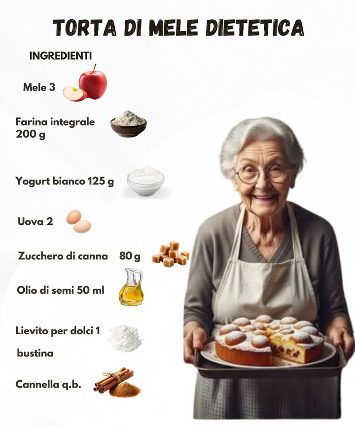 Torta di Mele Dietetica 
Ingredienti:

3 mele

200 g di farina integrale

125 g di yogurt bianco

2 uova

80 g di zucchero di canna

50 ml di olio di semi

1 bustina di lievito per dolci

Cannella q.b.

Preparazione:
1 In una ciotola monta le uova con lo zucchero fino a ottenere un composto chiaro e spumoso.
2 Aggiungi lo yogurt e lolio di semi, mescolando bene.
3 Incorpora la farina integrale e il lievito setacciati, mescolando fino a ottenere un impasto omogeneo.
4 Aggiungi due mele a cubetti allimpasto e mescola delicatamente.
5 Versa il composto in uno stampo rivestito di carta forno.
6 Decora la superficie con fettine di mela e una spolverata di cannella.
7 Cuoci in forno preriscaldato a 180C per 3540 minuti.
 Risultato: una torta leggera, morbida e profumatissima  perfetta per colazione o merenda sana!
