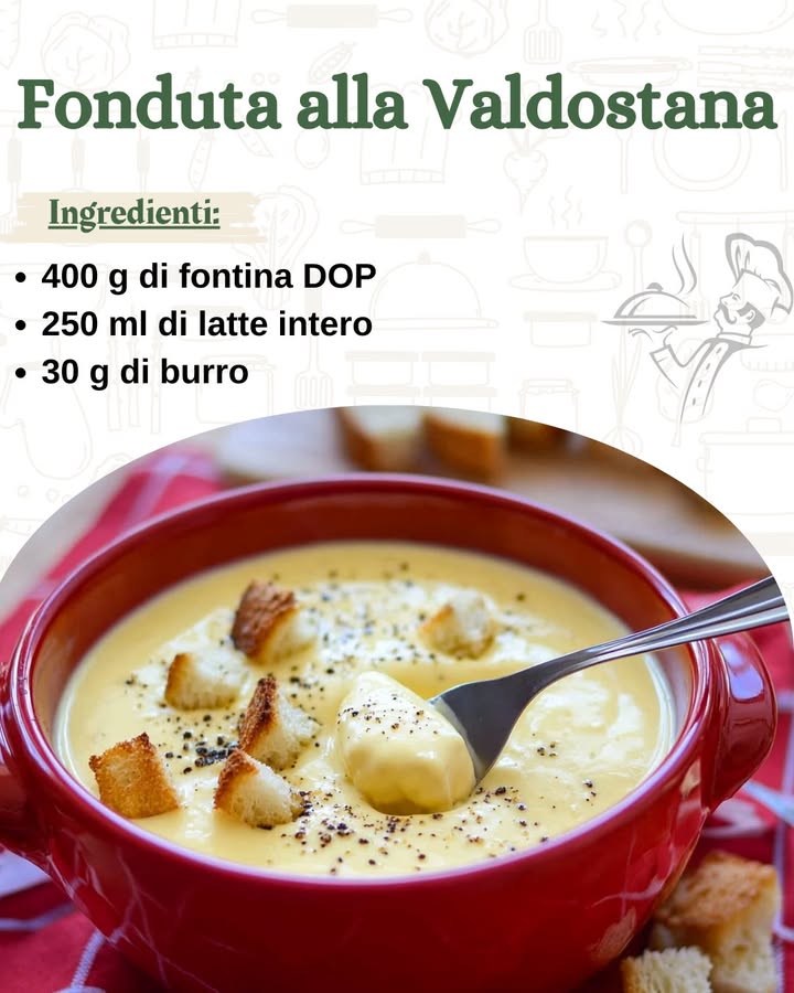 Fonduta alla Valdostana: Il Trionfo del Formaggio Fuso 燎

La Fonduta alla Valdostana è uno dei piatti più rappresentativi della tradizione culinaria della Valle dAosta. Questo piatto cremoso e avvolgente, a base di fontina DOP, è perfetto per le fredde serate invernali e viene spesso servito come antipasto o piatto principale accompagnato da crostini di pane. Il suo gusto delicato ma intenso conquista tutti, rendendola una vera coccola per il palato.

Ingredienti 
Per 4 persone:

400 g di fontina DOP
250 ml di latte intero
30 g di burro
2 tuorli duovo
Un pizzico di sale
Un pizzico di pepe nero facoltativo
Preparazione 
1 Preparazione della fontina
Inizia tagliando la fontina a dadini piccoli o a fettine sottili. È importante che il formaggio sia fontina DOP, tipica della Valle dAosta, poiché ha la giusta consistenza per fondere senza filamenti. Metti i pezzi di fontina in una ciotola e coprili con il latte. Lasciali riposare almeno 2 ore meglio se tutta la notte per ammorbidirli e facilitare la fusione.

2 Cottura della fonduta
Dopo il tempo di riposo, trasferisci la fontina con il latte in una casseruola a bagnomaria. Accendi il fuoco a fiamma bassa e mescola continuamente con una frusta o un cucchiaio di legno per evitare che si formino grumi.

3 Aggiunta dei tuorli
Quando il formaggio sarà completamente fuso e la consistenza risulterà cremosa, incorpora uno alla volta i tuorli duovo, continuando a mescolare con delicatezza. Aggiungi anche il burro per rendere la fonduta ancora più vellutata.

4 Ultimi tocchi
Continua a cuocere la fonduta a fuoco basso fino a ottenere una crema liscia e omogenea. Regola di sale e, se gradisci, aggiungi un pizzico di pepe nero per un tocco di sapore in più.

5 Servizio e accompagnamenti
Versa la fonduta ben calda in ciotole di terracotta o direttamente nel tipico caquelon, il pentolino da fonduta. Servila con crostini di pane tostato, polenta calda o verdure crude come carote e finocchi per un contrasto di consistenze.

Consigli e Varianti 
Bagnomaria obbligatorio: La cottura a fuoco diretto potrebbe far impazzire la fonduta, quindi il bagnomaria è essenziale per ottenere una consistenza perfetta.
Riposo nel latte: Non saltare questo passaggio! Serve a rendere la fontina più morbida e aiuta a ottenere una crema senza grumi.
Varianti di sapore: Se vuoi dare un tocco in più, puoi aggiungere un goccio di vino bianco durante la cottura o una grattugiata di noce moscata per esaltare gli aromi.
La Fonduta alla Valdostana è un inno alla semplicità e alla bontà dei prodotti di montagna. Perfetta da condividere con amici e famiglia, è un piatto conviviale che scalda il cuore e il palato.

Buon appetito! 稜𥉉