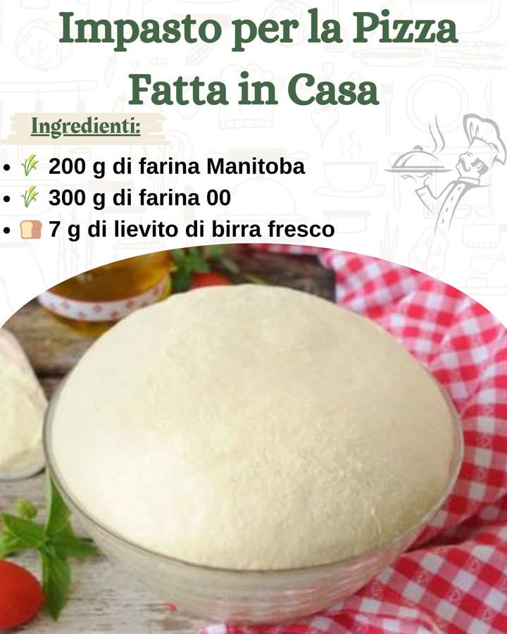 Impasto per la Pizza Fatta in Casa 

Ingredienti per 3 pizze da 28 cm di diametro:
 200 g di farina Manitoba
 300 g di farina 00
 320-325 ml di acqua a temperatura ambiente 65% di idratazione per una pizza più morbida
 7 g di lievito di birra fresco oppure 2,5 g di lievito di birra secco
蓼 10 g di sale fino
㮝 10 g di olio extravergine doliva facoltativo, ma migliora la lavorabilità dellimpasto

Preparazione passo dopo passo :
1 Attivare il lievito

Sciogli il lievito in 50 ml di acqua presa dal totale e mescola delicatamente.
Lascia riposare per 5-10 minuti, finché non si formano bollicine in superficie.
2 Preparare limpasto

In una ciotola capiente o su una spianatoia, setaccia le due farine e mescolale bene.
Versa lacqua con il lievito e inizia a impastare con le mani o con una planetaria.
Dopo 2 minuti di impasto, sciogli il sale in un cucchiaio dacqua e aggiungilo allimpasto.
Continua a impastare per altri 8-10 minuti fino a ottenere un impasto liscio ed elastico.
3 Prima lievitazione

Forma un panetto e mettilo in una ciotola leggermente unta con olio.
Copri con un canovaccio umido e lascia lievitare a temperatura ambiente per 6 ore, fino a quando limpasto triplica di volume.
4 Dividere limpasto e seconda lievitazione

Trasferisci limpasto su una superficie infarinata e dividilo in 3 palline.
Lasciale riposare almeno 40 minuti coperte con un panno umido. Questo passaggio aiuta a rilassare il glutine e a stendere la pizza più facilmente.
5 Stendere limpasto

Stendi ogni porzione di impasto su una spianatoia infarinata con le mani, partendo dal centro verso lesterno.
Per una pizza croccante, stendilo più sottile; per una pizza più soffice, lascia più spessore.
6 Condire e cuocere

Disponi limpasto su una teglia leggermente unta o su una pietra refrattaria.
Aggiungi la salsa di pomodoro e gli ingredienti che preferisci.
 Forno statico: preriscalda a 220C e cuoci per 15-18 minuti.
 Forno ventilato: preriscalda a 200C e cuoci per 12-15 minuti.
 Pietra refrattaria: preriscalda il forno alla massima temperatura 250C e cuoci per 7-10 minuti.

7 Aggiungere la mozzarella

Aggiungi la mozzarella a cubetti negli ultimi 5 minuti di cottura, in modo che si sciolga perfettamente senza diventare troppo liquida.
Consigli Extra 
 Per una lievitazione più lunga:

Se vuoi un impasto più digeribile e alveolato, riduci il lievito a 2 g e fai lievitare in frigorifero per 24 ore.
 Per una pizza più rustica:

Sostituisci il 20% della farina con farina integrale per un impasto più ricco di fibre.
 Per un effetto pizzeria:

Usa una pietra refrattaria preriscaldata per ottenere una base croccante e ben cotta.
 Per una pizza napoletana:

Aumenta lidratazione al 70% 350 ml di acqua su 500 g di farina e fai una lievitazione più lunga, fino a 24-48 ore in frigo.
Conclusione
Questa ricetta è perfetta per ottenere una pizza fatta in casa fragrante, soffice e gustosa! Scegli il tuo condimento preferito e goditi una pizza da veri intenditori, con un impasto leggero e ben lievitato!

Buon appetito!