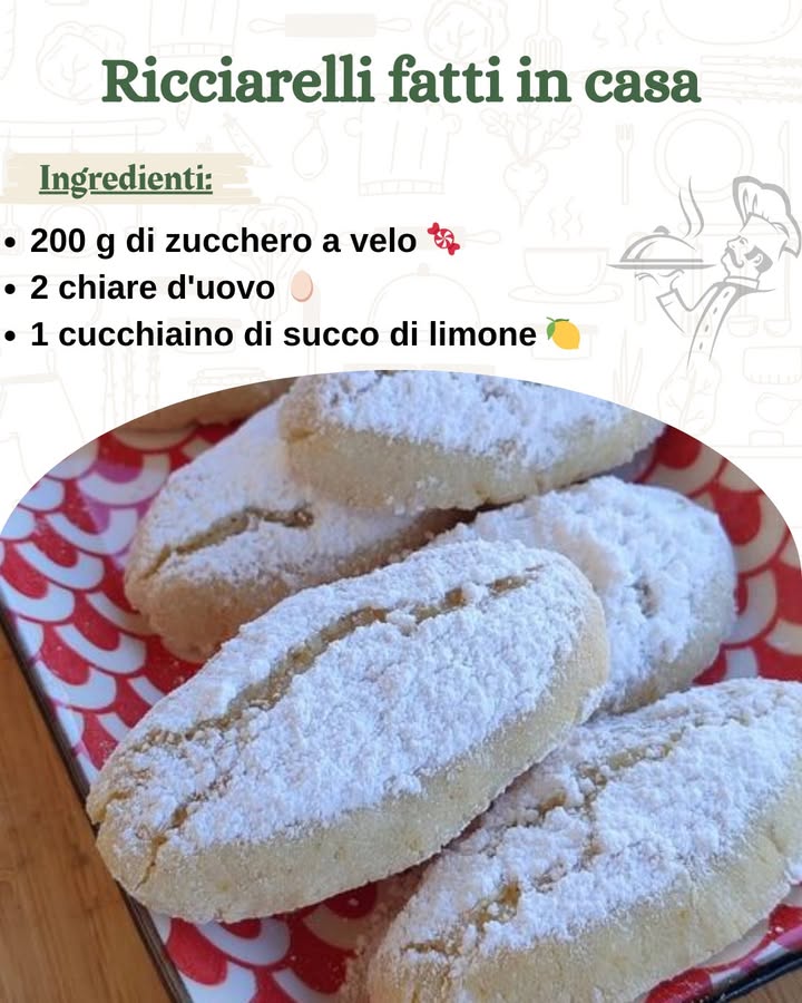 Ricciarelli fatti in casa 

I ricciarelli sono dei deliziosi biscotti tipici senesi, morbidi e profumati, a base di mandorle, perfetti per le festività e ogni momento di dolcezza. Se pensate che preparare i ricciarelli sia unimpresa complicata, vi sorprenderà scoprire quanto sia semplice realizzarli in casa! Una volta provata questa ricetta, non li comprerete più! Ecco come preparare questi irresistibili biscotti di mandorle.

Ingredienti 蓼

250 g di mandorle pelate tritate a farina 
200 g di zucchero a velo 
2 chiare duovo 讀…..
.
.
…………………………………La ricetta è nel primo  commento