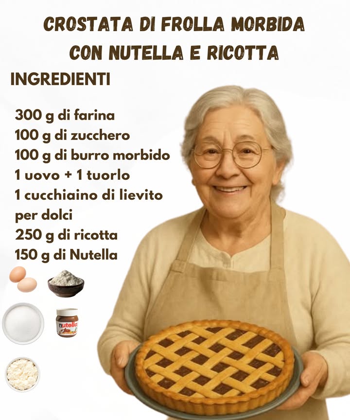 Crostata Morbida Ricotta e Nutella 

Ingredienti:

300 g di farina 

100 g di zucchero 

100 g di burro morbido 杻

1 uovo  1 tuorlo 讀

1 cucchiaino di lievito per dolci 

250 g di ricotta 燎

150 g di Nutella 

Preparazione:
1 Unisci farina, zucchero, lievito, burro e uova fino a ottenere una frolla morbida.
2 Stendi limpasto in uno stampo e spalma uno strato di Nutella.
3 Lavora la ricotta con poco zucchero e distribuiscila sopra.
4 Aggiungi strisce di frolla in superficie e cuoci a 180C per 30-35 minuti.

Morbida, profumata e cremosa  Buona!