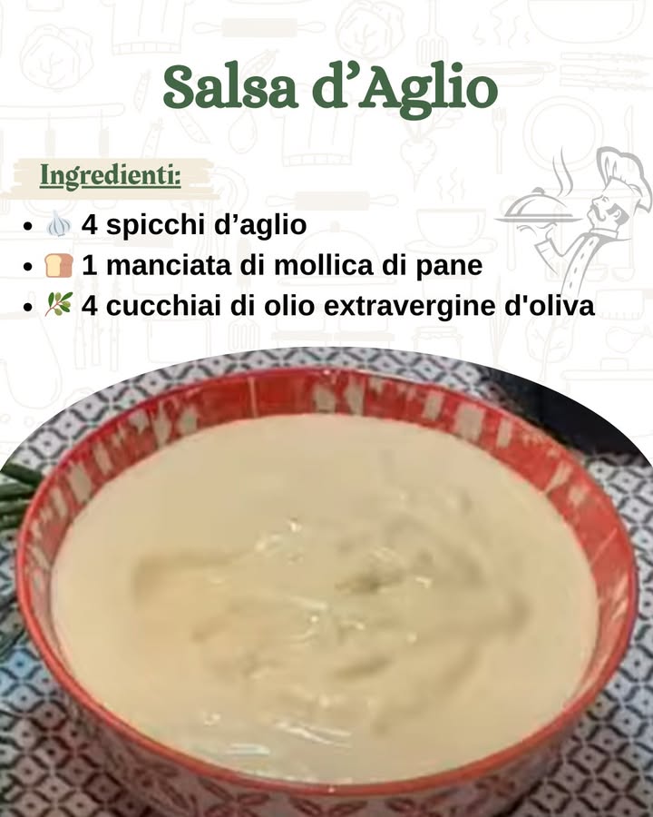 Salsa dAglio Agliata: Il Condimento Perfetto per Ogni Piatto! 龍

Ingredienti:
龍 4 spicchi daglio
 1 manciata di mollica di pane
㮝 4 cucchiai di olio extravergine doliva puoi aggiungerne di più per una salsa più cremosa
 1 ciuffo di prezzemolo fresco
蓼 Sale q.b.
 Pepe nero q.b.

Preparazione 

 Preparare gli ingredienti
Inizia sbucciando gli spicchi daglio e tritandoli finemente. Se vuoi una salsa più delicata, rimuovi il germoglio centrale dellaglio per eliminare il sapore amaro. In una ciotola, metti la mollica di pane e aggiungi un po dacqua per ammorbidirla. Lascia che la mollica assorba il liquido, ma senza farla diventare troppo molle.

 Preparare la salsa
In un mortaio o con laiuto di un mixer, unisci laglio tritato, la mollica di pane ammollata, il sale e il pepe. Inizia a pestare o frullare fino ad ottenere una consistenza omogenea. Poi, aggiungi lolio extravergine doliva un po alla volta, continuando a mescolare per emulsionare bene il tutto. Lolio renderà la salsa cremosa e saporita.

 Aggiungere il prezzemolo
Una volta che la salsa è ben amalgamata, aggiungi il prezzemolo fresco tritato per un tocco di freschezza. Mescola bene per distribuire uniformemente il prezzemolo.

 Finalizzare e servire
Assaggia la salsa e regola di sale e pepe secondo il tuo gusto. La salsa daglio è pronta per essere servita!

Come servire la salsa daglio 
 Ottima per condire carne alla griglia, pesce, o come accompagnamento per crostini e bruschette.
 Perfetta anche per insaporire verdure al vapore o grigliate.
 Può essere usata come condimento per piatti di pasta o riso.

Consigli e Varianti 
 Rendi la salsa più cremosa
Se desideri una salsa più cremosa, puoi aggiungere un altro cucchiaio di olio extravergine doliva.
 Versione piccante
Per una versione più piccante, aggiungi un po di peperoncino tritato o una punta di peperoncino in polvere.
 Senza mollica di pane
Se preferisci una versione senza mollica, puoi sostituirla con yogurt greco per una salsa più leggera.

Porzioni e Calorie per Porzione 
 Porzioni: circa 6
 Calorie per porzione: circa 50 kcal

Tempo di Preparazione 
 Tempo di preparazione: 10 minuti
 Tempo totale: 10 minuti

Una salsa semplice e veloce che darà un tocco speciale a tutti i tuoi piatti. Buon appetito! 龍