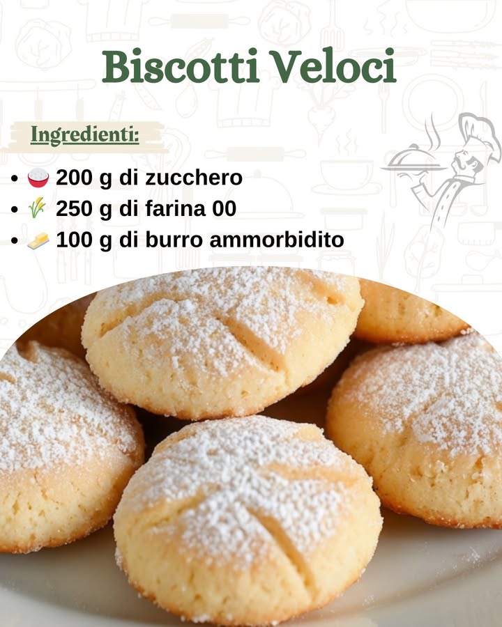 Biscotti Veloci 

 Ingredienti per circa 12 biscotti

 200 g di zucchero
 250 g di farina 00
杻 100 g di burro ammorbidito
讀 1 uovo
 1 cucchiaino di estratto di vaniglia…..
.
.
.
.
……………………………………..ricetta nel primo   c-o-m-m-e-n-t-o