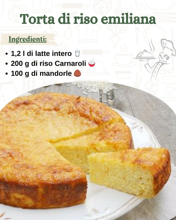 Torta di riso emiliana, ricetta originale 

La torta di riso emiliana è un dolce tradizionale ricco di storia e sapore. Perfetta per ogni occasione, questa torta unisce la cremosità del riso con il gusto ricco delle mandorle e il profumo della vaniglia e del limone. Scopri come prepararla con questa ricetta originale, semplice ma ricca di tradizione.

Ingredienti:

1,2 l di latte intero 拏
200 g di riso Carnaroli o Arborio 
100 g di mandorle tritate grossolanamente 
4 uova 讀
200 g di zucchero semolato 
1 bacca di vaniglia 
Scorza di limone 1 limone 
Preparazione:

Inizia mettendo il latte in un tegame e aggiungendo la bacca di vaniglia incisa per il lungo e la scorza di limone tagliata a striscioline larghe. Il limone deve essere solo la parte gialla, per evitare che il dolce risulti troppo amaro.
Porta il latte a bollore, mescolando di tanto in tanto, e una volta che il latte inizia a bollire, versa il riso. Lascia cuocere per circa 12-14 minuti, a seconda del tipo di riso che stai utilizzando, fino a che non sarà al dente.
Quando il riso è cotto, spegni il fuoco e lascia raffreddare completamente. La cottura del riso nel latte renderà la torta incredibilmente morbida e cremosa.
Una volta che il composto di riso si è raffreddato, elimina la bacca di vaniglia e la scorza di limone se ti piace, puoi lasciarle nella torta, aggiungendo così un tocco di freschezza e intensità. Aggiungi le mandorle tritate grossolanamente, lo zucchero e le uova.
Mescola molto bene tutti gli ingredienti, assicurandoti che il composto sia omogeneo e ben amalgamato.
Rivesti una tortiera da 24 cm con carta da forno e versa il composto preparato allinterno.
Inforna il dolce in un forno preriscaldato a 170C e cuoci per circa 50-60 minuti, o finché la superficie della torta non diventa dorata e il dolce è completamente cotto al centro puoi fare la prova dello stecchino per verificarlo.
Una volta pronta, lascia raffreddare la torta prima di servirla. La torta di riso emiliana è perfetta per una merenda, un dessert o anche come dolce da fine pasto.
Con questa torta, porterai in tavola un vero e proprio pezzo di tradizione emiliana, ricco di sapori delicati e avvolgenti. Buon appetito!