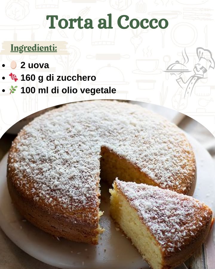 Torta al Cocco 便

Ingredienti:
讀 2 uova
 160 g di zucchero
 100 ml di olio vegetale
拏 150 ml di latte
 230 g di farina
便 50 g di cocco grattugiato
 10 g di lievito in polvere
蓼 Un pizzico di sale
 Zucchero vanigliato o estratto di vaniglia

Per la decorazione:
拏 2-3 cucchiai di latte condensato termoresistente
便 3 cucchiai di cocco grattugiato

Preparazione:

Per preparare questa deliziosa torta al cocco, inizia raccogliendo tutti gli ingredienti freschi e di qualità. La cura nella scelta degli ingredienti farà la differenza nel risultato finale.

Inizia rompendo le uova in una ciotola grande e aggiungi lo zucchero. Con una frusta, sbatti energicamente fino a ottenere un composto chiaro e spumoso. Questa fase è fondamentale per garantire una consistenza soffice alla torta.

Aggiungi lolio vegetale e il latte, mescolando delicatamente per amalgamare il tutto. A questo punto, incorpora gradualmente la farina setacciata insieme al cocco grattugiato, al lievito in polvere, al sale e allo zucchero vanigliato. Mescola delicatamente con movimenti dal basso verso lalto per evitare di smontare il composto.

Preriscalda il forno a 180C. Versa limpasto in una teglia precedentemente imburrata o rivestita con carta da forno. Cuoci per circa 40 minuti. Per verificare la cottura, inserisci uno stuzzicadenti al centro della torta: se esce pulito, è pronta.

Una volta cotta, lascia la torta a raffreddare nella teglia per qualche minuto, poi trasferiscila su una gratella per completare il raffreddamento. Questo passaggio è essenziale per evitare che la torta trattenga umidità nella parte inferiore.

Per la decorazione, spalma delicatamente il latte condensato sulla superficie della torta ormai fredda e cospargi generosamente con il cocco grattugiato. Questo tocco finale aggiunge una dolcezza cremosa e unirresistibile nota di cocco.

La tua torta al cocco è pronta per essere servita. Perfetta per una merenda in famiglia o come dolce conclusione di un pasto, conquisterà tutti con la sua semplicità e il suo sapore unico. Buon appetito! 便