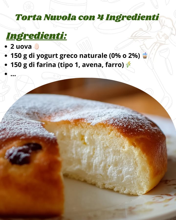 Torta Nuvola con 4 Ingredienti: Leggera, Senza Zucchero e Perfetta per la Glicemia 

Tempi di preparazione 

Tempo di preparazione: 10 minuti

Tempo di cottura: 25-30 minuti

Tempo totale: 35-40 minuti

Porzioni: 8 fette

Calorie: circa 150 kcal per 100 g

Ingredienti 

2 uova 讀

150 g di yogurt greco naturale 0% o 2% 溜

150 g di farina tipo 1, avena, farro 

100 g di eritritolo o altro dolcificante naturale 

1 bustina di lievito per dolci circa 16 g 療

Facoltativi:

15 g di cioccolato fondente senza zucchero a scaglie 

20 g di uvetta ammollata 

Procedimento 

Monta le uova con leritritolo: In una ciotola capiente, sbatti le uova con leritritolo fino a ottenere un composto chiaro e spumoso. Questo passaggio rende la torta leggera e ariosa.

Aggiungi lo yogurt: Unisci lo yogurt greco a temperatura ambiente e mescola per amalgamare bene.

Incorpora la farina e il lievito: Setaccia la farina insieme al lievito e aggiungili gradualmente al composto, mescolando delicatamente dal basso verso lalto per mantenere la consistenza leggera.

Aggiungi cioccolato o uvetta facoltativo: Se vuoi, aggiungi cioccolato fondente a scaglie o uvetta ammollata per un tocco extra di dolcezza.

Versa nello stampo: Usa una tortiera da 20 cm tonda, foderata con carta forno o leggermente unta con olio. Versa il composto e livellalo con una spatola.

Cuoci a 180C per 25-30 minuti: Cuoci in forno statico già caldo. Fai la prova stecchino: se esce asciutto, la torta è pronta!

Fai raffreddare: Lascia raffreddare la torta su una gratella per almeno 15 minuti prima di tagliarla. Se vuoi, spolvera con eritritolo a velo per un tocco finale.