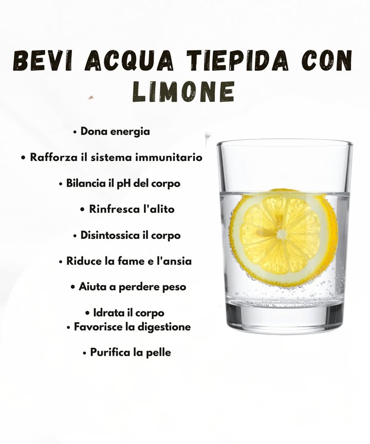 Benefici dellacqua tiepida con limone 

Bere acqua tiepida con limone al mattino offre un sostegno semplice e naturale al benessere quotidiano. Questa abitudine aiuta il corpo a iniziare la giornata con idratazione e leggerezza, favorendo diversi processi che supportano vitalità e salute.

Dona una sensazione di energia grazie alla combinazione tra acqua e vitamina C presente nel limone. Sostiene le naturali difese dellorganismo e contribuisce allequilibrio del pH interno. Laroma fresco del limone migliora lalito, mentre lacqua tiepida aiuta lorganismo a eliminare ciò di cui non ha bisogno.

Questa bevanda può contribuire a ridurre la fame nervosa e favorire abitudini alimentari più regolari, risultando utile anche nei percorsi di gestione del peso. Mantiene il corpo idratato, facilita la digestione e rende più regolare il transito intestinale. Lazione combinata di idratazione e antiossidanti sostiene anche la luminosità della pelle.

Un gesto semplice che può diventare una routine quotidiana per sentirsi più leggeri e favorire un equilibrio naturale.