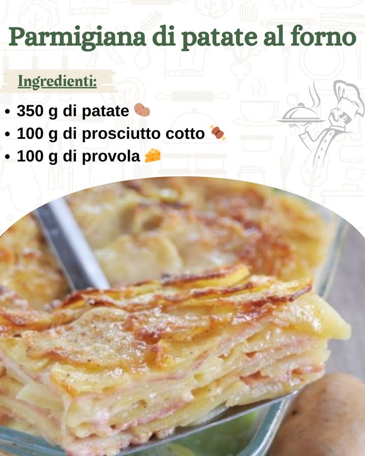 Parmigiana di patate al forno 凜燎
Ingredienti per 2-3 persone:
350 g di patate 凜
100 g di prosciutto cotto 
100 g di provola 燎
180 g di besciamella 
q.b. di Parmigiano Reggiano DOP 燎
q.b. di pangrattato 
q.b. di burro per lo stampo 杻
Sale 蓼
Pepe nero q.b. 
Strumenti:
Pirofila 
Affettatrice o mandolina 
Pelapatate 凜
Preparazione:
Inizia preparando le patate: lava bene le patate sotto lacqua corrente e pelale con un pelapatate. Dopodiché, tagliale a fettine sottilissime, circa 1 mm di spessore, utilizzando unaffettatrice o una mandolina per ottenere una fetta uniforme che garantisca una cottura omogenea.
Ora, prendi una pirofila e ungila con una generosa quantità di burro, poi cospargi il fondo e i bordi con pangrattato. Questo passaggio aiuterà a formare una crosticina dorata durante la cottura, evitando che il piatto si attacchi.
Passa alla stratificazione: inizia disponendo uno strato di patate sul fondo della pirofila, cercando di non sovrapporle troppo. Cospargi con un pizzico di sale e pepe, quindi aggiungi una cucchiaiata di besciamella, una fetta di prosciutto cotto e alcune fettine di provola. Ogni ingrediente va distribuito uniformemente per garantire un equilibrio perfetto di sapori.
Prosegui creando altri strati: ripeti il procedimento alternando patate, besciamella, prosciutto e provola fino ad esaurire gli ingredienti. Limportante è fare in modo che ogni strato sia ben bilanciato, senza affollare troppo le patate.
Termina con uno strato di besciamella, cospargi abbondantemente con pangrattato e parmigiano reggiano grattugiato, che conferirà alla parmigiana una crosticina irresistibile e un sapore ricco.
Cuoci in forno ventilato preriscaldato a 180-190C per circa 40 minuti. Dopo questo tempo, controlla la cottura: le patate devono risultare morbide e il top deve essere dorato e croccante.
Lascia intiepidire per qualche minuto prima di tagliare e servire. La parmigiana di patate al forno è perfetta da gustare come piatto unico o come contorno ricco e saporito.
Buon appetito!