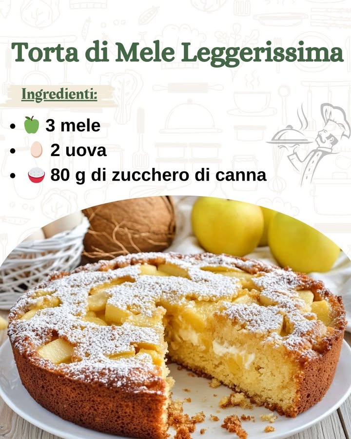 Torta di Mele Leggerissima

Ingredienti per uno stampo da 22-24 cm

 3 mele  Preferibilmente Golden, Fuji o Renette, dolci e succose.
讀 2 uova  A temperatura ambiente per un impasto più soffice.
 80 g di zucchero di canna  Per un dolce naturale e leggero..
.
.
.
.
………………………………………ricetta nel primo  c-o-m-m-e-n-t-o
