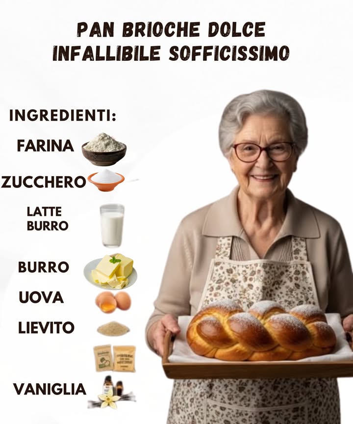 Pan Brioche Dolce Infallibile e Sofficissimo 
Morbido, profumato e perfetto per colazione o merenda  una nuvola di dolcezza fatta in casa! 

蓼 Ingredienti

500 g di farina metà 00 e metà manitoba

80 g di zucchero

10 g di lievito di birra fresco oppure 4 g secco

200 ml di latte tiepido

2 uova

80 g di burro morbido

1 pizzico di sale

1 bustina di vanillina o qualche goccia di estratto di vaniglia

Scorza grattugiata di limone facoltativa, ma consigliata 

 Preparazione passo-passo

1 Attiva il lievito:
In una ciotola, sciogli il lievito nel latte tiepido con un cucchiaino di zucchero. Lascia riposare per 10 minuti, finché si forma una leggera schiuma.

2 Prepara limpasto:
Aggiungi le uova, lo zucchero e la vaniglia. Inizia a incorporare la farina poco alla volta, mescolando.

3 Aggiungi burro e sale:
Quando limpasto prende consistenza, unisci il burro morbido a pezzetti e il sale. Impasta energicamente per 10 minuti, fino a ottenere una massa liscia, elastica e non appiccicosa.

4 Prima lievitazione:
Copri la ciotola con pellicola e lascia lievitare in un luogo tiepido per circa 2 ore, o fino al raddoppio del volume.

5 Forma il pan brioche:
Sgonfia limpasto, forma un filone o delle palline e sistemale in uno stampo da plumcake imburrato.

6 Seconda lievitazione:
Copri e lascia riposare per 1 ora.

7 Cottura:
Spennella la superficie con latte o tuorlo duovo per un effetto dorato.
Cuoci in forno statico preriscaldato a 180C per 2530 minuti, finché è ben dorato.