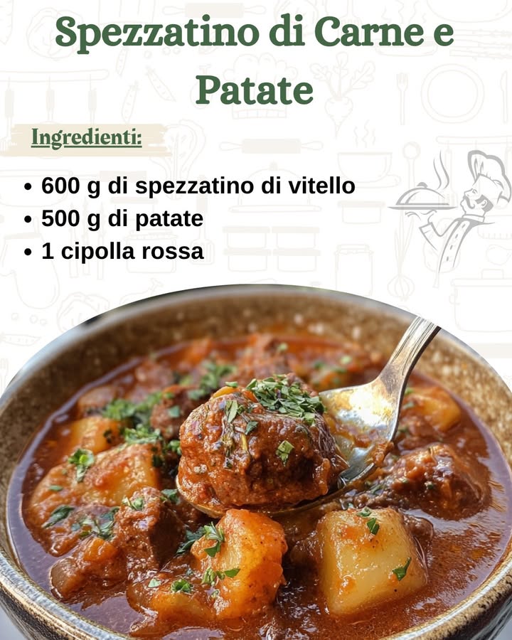 Spezzatino di Carne e Patate: un classico della cucina italiana 

Lo spezzatino di carne e patate è un piatto della tradizione italiana, ricco di sapore e comfort. Questo stufato morbido e saporito è lideale per una cena in famiglia o per chi cerca un piatto che scaldi il cuore. La carne di vitello si cuoce lentamente in un sughetto denso e ricco, arricchito dalle patate che assorbono tutto il sapore, creando un piatto che non delude mai. Ecco come prepararlo!

Ingredienti:
600 g di spezzatino di vitello
500 g di patate
1 cipolla rossa
1 costa di sedano
1 carota
1 bicchiere di vino bianco
200 g di passata di pomodoro
Farina q.b.
200 ml di brodo di carne o preparato con dado
Olio extravergine doliva
Sale e pepe q.b.
Preparazione:
Preparare il soffritto: Inizia tritando finemente la carota, la cipolla e il sedano. Scalda un filo dolio extravergine doliva in una padella capiente e aggiungi le verdure tritate. Fai soffriggere a fuoco medio, mescolando frequentemente, fino a quando il soffritto non diventa dorato e inizia a sprigionare il suo profumo.

Infarinare la carne: Nel frattempo, prendi lo spezzatino di vitello e infarinato leggermente. Agita la carne per eliminare leccesso di farina, in modo da evitare che il sugo diventi troppo denso. Aggiungi la carne infarinata al soffritto e mescola bene per sigillare i pezzi di carne, facendo attenzione a dorarli uniformemente su tutti i lati.

Sfuma con il vino: Una volta che la carne è ben rosolata, sfuma con il vino bianco. Lascia che lalcol evapori completamente, mescolando di tanto in tanto. Questo passaggio aiuta ad arricchire il sapore del piatto e dona un tocco di profondità.

Aggiungere la passata di pomodoro e le patate: A questo punto, aggiungi la passata di pomodoro, mescolando bene per distribuirla uniformemente. Lava, sbuccia e taglia le patate a dadini regolari, quindi aggiungile al sugo. Versa il brodo caldo fino a coprire parzialmente gli ingredienti, creando una base per la cottura lenta.

Cuocere lo spezzatino: Copri la padella con un coperchio e lascia cuocere a fuoco lento per circa unora. Mescola delicatamente ogni tanto per evitare che gli ingredienti si attacchino al fondo della padella. La carne dovrà risultare tenera e il sugo cremoso.

Controllo della consistenza: Verso la fine della cottura, verifica la consistenza del sugo. Lo spezzatino deve essere cremoso e ben amalgamato, né troppo asciutto né troppo liquido. Se necessario, continua a cuocere per qualche minuto per ottenere la consistenza desiderata.

Regolare di sale e pepe: Assaggia lo spezzatino e regola di sale e pepe secondo il tuo gusto. Una volta che il piatto è pronto, servilo ben caldo.

Consiglio:
Servi lo spezzatino di carne e patate accompagnato con una fetta di pane rustico, perfetto per fare la scarpetta nel sughetto ricco, oppure con una porzione di polenta morbida per un pasto completo. Questo piatto è ideale per le fredde serate invernali, quando vuoi un piatto che riscaldi il corpo e lanima.

Buon appetito!