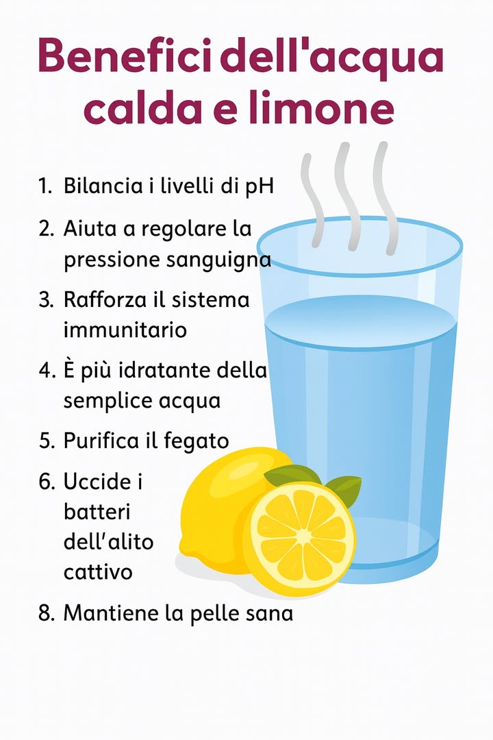 Benefici dellAcqua Calda e Limone

1. Bilancia i livelli di pH

Nonostante il limone sia acido, una volta metabolizzato aiuta a mantenere il corpo in uno stato più alcalino, favorendo lequilibrio del pH.

2. Aiuta a regolare la pressione sanguigna

Grazie al contenuto di potassio e antiossidanti, il limone può contribuire a sostenere la salute del cuore e favorire la regolazione della pressione arteriosa.

3. Rafforza il sistema immunitario

La vitamina C del limone è un potente stimolante delle difese naturali, utile per prevenire raffreddori e infezioni stagionali.

4. Idratazione più efficace

Laggiunta del limone rende lacqua più gradevole da bere, incoraggiando a consumarne di più. Questo migliora lidratazione rispetto alla semplice acqua.

5. Purifica il fegato

Lacqua calda con limone stimola la produzione di bile, facilitando la digestione e contribuendo a depurare il fegato dalle tossine.

6. Combatte lalito cattivo

Leffetto antibatterico del limone aiuta a ridurre i batteri presenti nella bocca, migliorando la freschezza dellalito.

7. Pelle più sana

Grazie agli antiossidanti e alla vitamina C, questa bevanda favorisce la produzione di collagene e aiuta a mantenere la pelle luminosa e giovane.