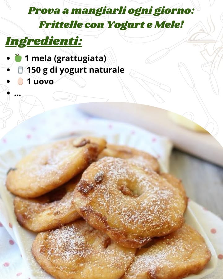 Prova a mangiarli ogni giorno: Frittelle con Yogurt e Mele! 

 Ingredienti:
 1 mela grattugiata
拏 150 g di yogurt naturale
讀 1 uovo
 100 g di farina di grano o davena
籠 1 cucchiaino di lievito per dolci
 Cannella opzionale, a piacere
蓼 Un pizzico di sale
 Olio per friggere

 Preparazione:
 1 Mescola gli ingredienti: In una ciotola 北, unisci lo yogurt, luovo, la mela grattugiata e il sale. Mescola bene.
 2 Aggiungi gli ingredienti secchi: Versa la farina, il lievito e la cannella. Amalgama fino a ottenere un impasto omogeneo.
 3 Cuoci le frittelle: Scalda una padella con un filo dolio . Versa un cucchiaio di impasto alla volta e cuoci a fuoco medio per 2-3 minuti per lato, finché non saranno dorate.

 Gustale calde!  Perfette con miele , marmellata  o una spolverata di zucchero a velo! 

 Buon appetito!