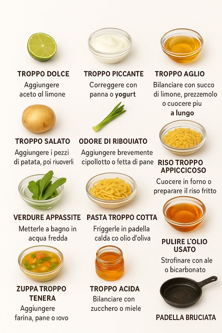 Correggere gli errori in cucina 

Può capitare a tutti di sbagliare una cottura o esagerare con un ingrediente. Con piccoli accorgimenti è possibile rimediare e salvare il piatto senza doverlo buttare.

Se il piatto risulta troppo dolce, basta aggiungere aceto o succo di limone per riequilibrare il sapore. Quando è eccessivamente piccante, si può correggere con panna o yogurt. Anche laglio troppo forte può essere attenuato con succo di limone, prezzemolo o una cottura più lunga.

Un eccesso di sale si riduce inserendo pezzi di patata da togliere dopo la cottura. Per lodore di riso bruciato è utile aggiungere brevemente un cipollotto o una fetta di pane. Se invece il riso è troppo appiccicoso, conviene cuocerlo in forno o trasformarlo in riso fritto.

Le verdure appassite possono riprendere consistenza lasciandole in acqua fredda. La pasta troppo cotta si migliora saltandola in padella con olio. Un olio usato può essere filtrato con amido di mais o pane per essere riutilizzato.

Una zuppa troppo liquida si corregge con farina, pane o uovo. Se la pietanza è troppo acida, basta aggiungere zucchero o miele. Infine, un sugo grumoso può essere reso più liscio frullandolo con un mixer.

Anche piccoli incidenti come una padella bruciata fanno parte dellesperienza: limportante è conoscere i giusti rimedi per trasformare gli errori in soluzioni creative.