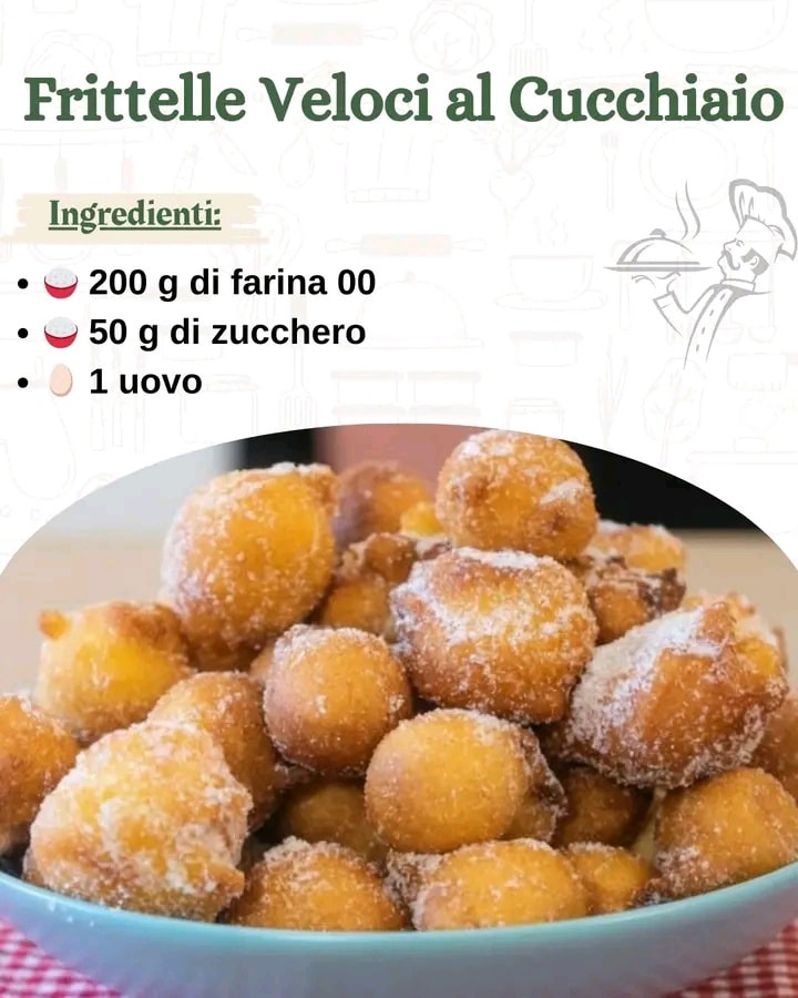 Frittelle Veloci al Cucchiaio 

 Ingredienti per circa 12 frittelle

 200 g di farina 00
 50 g di zucchero
讀 1 uovo
拏 120 ml di latte
蓼 1 pizzico di sale
 1 cucchiaino di estratto di vaniglia facoltativo
 Scorza di 1 limone facoltativo, per un tocco fresco
 Olio di semi per friggere
 Zucchero a velo per decorare

 Preparazione passo dopo passo

1 Preparare limpasto
In una ciotola capiente, unisci la farina, lo zucchero e il pizzico di sale. Mescola bene. In unaltra ciotola, sbatti luovo con il latte e lestratto di vaniglia se lo utilizzi. Aggiungi gradualmente il composto liquido agli ingredienti secchi, mescolando con una frusta fino ad ottenere un impasto liscio e senza grumi. Se ti piace, puoi aggiungere anche la scorza di limone per un profumo fresco.

2 Friggere le frittelle
Riscalda lolio in una padella capiente, fino a raggiungere una temperatura media circa 170C. Usa un cucchiaio per prelevare una porzione di impasto e, con laiuto del cucchiaio stesso, fai scivolare limpasto nellolio caldo. Fai friggere le frittelle per 2-3 minuti per lato, finché non diventano dorate e croccanti. Non metterle tutte insieme per evitare che si attacchino tra loro.

3 Scolare e decorare
Una volta pronte, scolale su un piatto foderato con carta assorbente per eliminare lolio in eccesso. Spolverizza le frittelle ancora calde con zucchero a velo per un tocco dolce e leggero.

 Come gustarle
 Perfette per una merenda, magari accompagnate da una tazza di tè o caffè.
 Ideali come dolce da servire a fine pasto o in occasione di una festa.
 Ottime anche per un brunch, magari accompagnate da frutta fresca o una crema.

 Porzioni e calorie per porzione
 Porzioni: circa 12 frittelle
 Calorie per frittella: circa 100 kcal

 Tempo di preparazione
 Preparazione: 10 minuti
 Cottura: 10 minuti
 Tempo totale: 20 minuti

Queste frittelle veloci sono un modo semplice e gustoso per soddisfare la voglia di dolce in un attimo. Buon appetito!