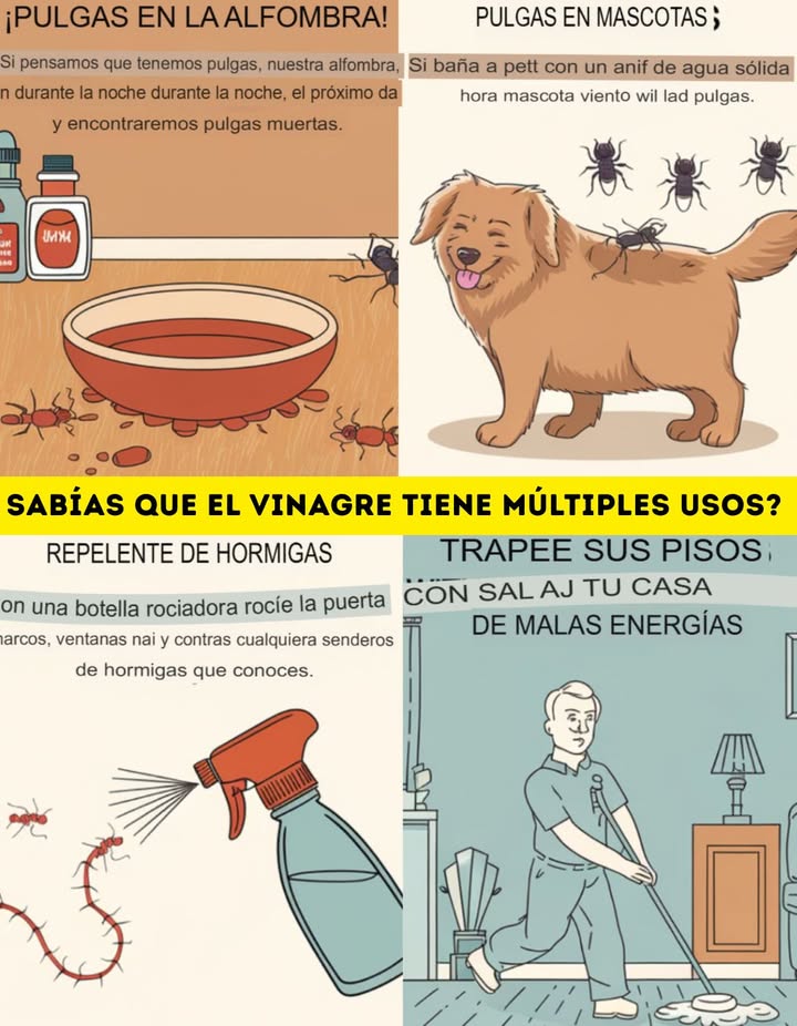 Sabías que el vinagre tiene múltiples usos? 林
Aunque parezca increíble, el vinagre cuenta con más de 1000 aplicaciones y, en muchas ocasiones, es más eficaz que productos comerciales, además de ser mucho más económico. Sabías que el vinagre puede eliminar los piojos y también es efectivo contra la caspa? Puedes optar por productos tóxicos y costosos o simplemente usar vinagre.
1. Repelente de hormigas. Utiliza un spray para aplicar vinagre en los marcos de puertas, ventanas y cualquier camino que sigan las hormigas.
2. Limpieza de pisos. Mezcla sal y vinagre para trapear tus pisos y despejar tu hogar de malas energías.
3. Pulgas en la alfombra! Si sospechas que hay pulgas en tu alfombra, coloca un tazón pequeño con vinagre sobre ella durante la noche; al día siguiente, encontrarás el tazón lleno de pulgas muertas.
4. Pulgas en mascotas. Bañar a tu mascota con una mezcla de agua y vinagre 50/50 eliminará todas las pulgas.
5. Pulgas en mascotas 2. El vinagre también actúa desde adentro. Añadir un poco de vinagre de manzana al agua de tu mascota mantendrá alejadas a las pulgas.
6. Hielo en el parabrisas. Rocía los cristales del coche con una solución de 1 parte de agua y 3 partes de vinagre; al día siguiente no habrá escarcha ni hielo.
7. Eliminación de óxido. Para remover óxido de herramientas y tornillos, déjalos en remojo en vinagre toda la noche.
8. Curar Pie de Atleta. Sumerge tus pies en una mezcla de agua y vinagre 50/50 o aplica un hisopo con esta solución en la zona afectada evitando heridas y mantenlos secos.
9. Controlar la caspa. Lava tu cabello con una mezcla igual de agua y vinagre antes del acondicionador.
10. Eliminar verrugas. Aplica una loción hecha con partes iguales de vinagre de manzana y glicerina diariamente hasta que desaparezcan las verrugas.
11. Manchas de sudor. Frota la zona afectada con vinagre blanco y luego lava normalmente.
12. Destapar cañerías. Echa un puñado de bicarbonato seguido de media taza de vinagre; después, aclara con agua caliente tras unos minutos.
13. El agua con vinagre es un excelente desinfectante para verduras.
14. Para limpiar el piso, mezcla vinagre y bicarbonato en una cubeta con agua; tu suelo quedará limpio y desinfectado!
Con estos consejos, seguro ahorrarás mucho dinero en productos químicos y contribuirás a reducir la contaminación

#Vinagre #UsosDelVinagre #ConsejosÚtiles
