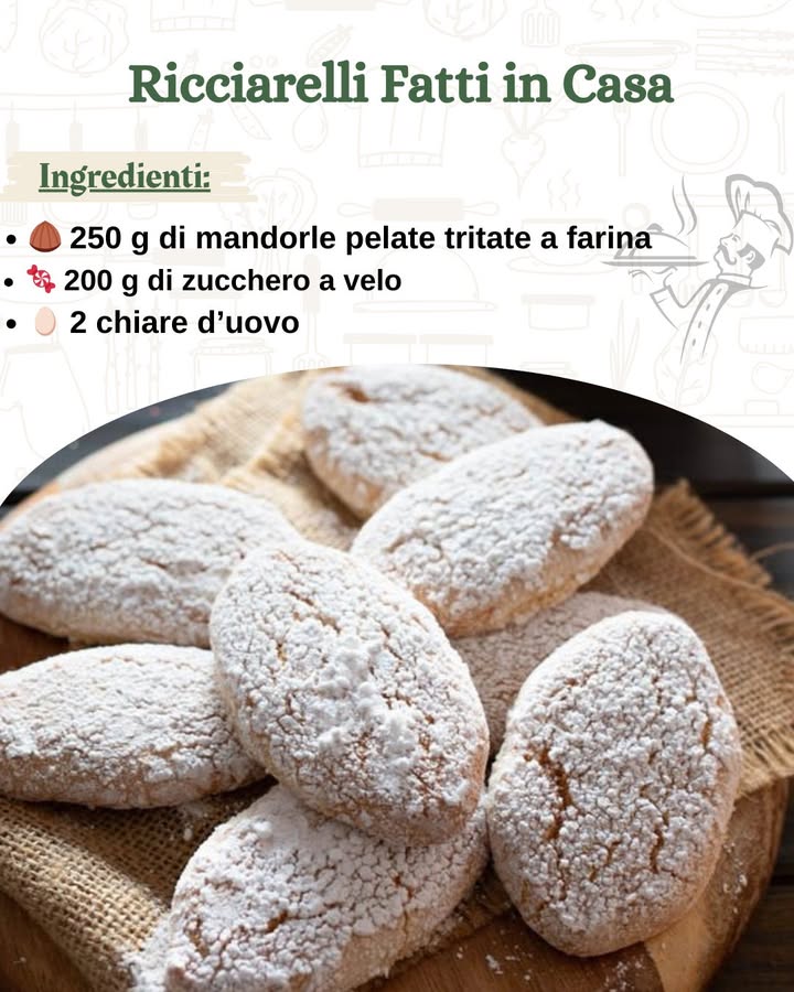 Ricciarelli Fatti in Casa: Un Dolce della Tradizione Senese 

Ingredienti:

 250 g di mandorle pelate tritate a farina
 200 g di zucchero a velo di cui 150 g per limpasto
讀 2 chiare duovo
 1 cucchiaino di succo di limone
 La scorza grattugiata di unarancia
 1 bustina di vanillina
蓼 Un pizzico di sale

Preparazione

Sbatti gli albumi
Inizia sbattendo leggermente le chiare duovo 讀 in una ciotola insieme al succo di limone , alla scorza grattugiata di arancia , alla vanillina  e a un pizzico di sale 蓼. Questo passaggio rilascia gli aromi freschi degli agrumi e dona un profumo unico ai tuoi ricciarelli.

Mescola la farina di mandorle
Aggiungi al composto di albumi la farina di mandorle  e 150 g di zucchero a velo . Mescola con cura fino a ottenere un impasto omogeneo e leggermente appiccicoso. Non preoccuparti della consistenza morbida: è esattamente ciò che rende i ricciarelli così deliziosi.

Lascia riposare limpasto
Copri limpasto con pellicola trasparente e lascialo riposare in frigorifero per almeno 6 ore. Questo riposo è essenziale per permettere alla massa di compattarsi, facilitando la lavorazione successiva.

Forma i ricciarelli
Dopo il riposo, prendi limpasto e forma un rotolo di circa 2 cm di diametro. Taglia il rotolo in pezzi e modella ogni pezzetto con le mani, dandogli la tipica forma a goccia o losanga.

Prepara la teglia
Disponi i ricciarelli su una teglia rivestita con carta da forno, lasciando un po di spazio tra di loro. Inumidisci leggermente la superficie dei biscotti con le dita per conferire la giusta texture.

Spolvera con zucchero a velo
Cospargi i ricciarelli con lo zucchero a velo  rimanente per ottenere una crosticina dolce e invitante.

Cuoci i ricciarelli
Preriscalda il forno statico a 150C. Cuoci i ricciarelli per 5 minuti, poi alza la temperatura a 160C per altri 5 minuti. Infine, abbassa nuovamente a 150C e cuoci per altri 5 minuti. I ricciarelli sono pronti quando la superficie inizia a creparsi.

Raffredda e conserva
Lascia raffreddare i ricciarelli sulla teglia per qualche minuto, poi trasferiscili su una griglia. Conservali in un contenitore ermetico per mantenerli freschi e fragranti.

Questi biscotti sono perfetti per accompagnare un tè, un caffè o per essere regalati durante le feste. Con la loro combinazione unica di mandorla, limone e arancia, ogni morso sarà unesplosione di gusto e tradizione.

Buon appetito!