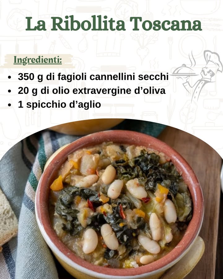 北 La Ribollita Toscana 塞

Ingredienti per 4-6 persone :
齃 350 g di fagioli cannellini secchi
㮝 20 g di olio extravergine doliva
龍 1 spicchio daglio
 1 rametto di rosmarino…..
.
.
.
…………………………..ricetta nel primo  c-o-m-m-e-n-t-o