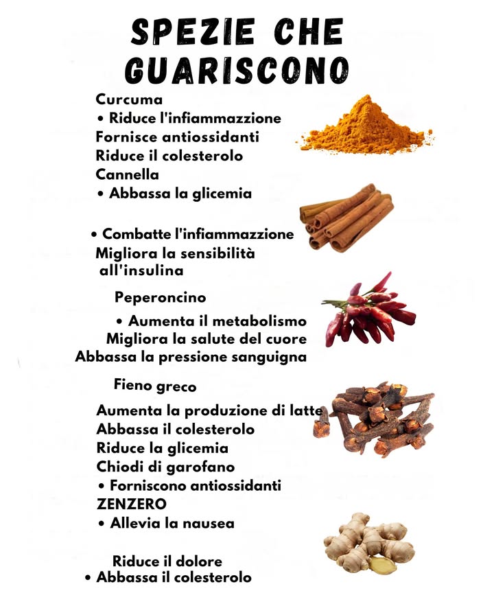Spezie utili per il benessere naturale 

Alcune spezie sono apprezzate da tempo nella tradizione culinaria e fitoterapica per le loro proprietà benefiche. Inserirle nella dieta, con moderazione, può offrire un supporto semplice e naturale.

La curcuma è nota per il suo contenuto di antiossidanti e viene spesso utilizzata come sostegno contro piccole infiammazioni. Può contribuire anche al mantenimento dellequilibrio del colesterolo.
La cannella è apprezzata per il suo ruolo nel favorire una migliore gestione della glicemia e per il suo effetto aromatico gradevole.

Il peperoncino, grazie alla capsaicina, può stimolare il metabolismo e sostenere la salute cardiovascolare. In alcune persone contribuisce anche a mantenere la pressione più equilibrata.
Il fieno greco è tradizionalmente impiegato per favorire la produzione di latte materno e per supportare il metabolismo di zuccheri e grassi.

I chiodi di garofano apportano antiossidanti e un aroma intenso che arricchisce molti piatti.
Lo zenzero è noto per il suo contributo nel dare sollievo alla nausea e per il suo effetto riscaldante, utile nei periodi di tensione muscolare o lieve fastidio.

Luso delle spezie può arricchire lalimentazione quotidiana, aggiungendo sapore e benessere in modo naturale.